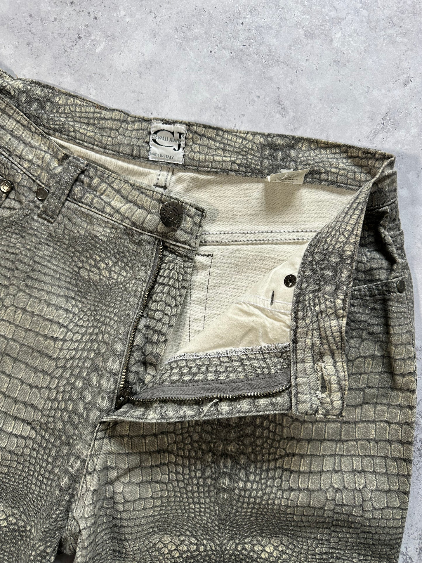 Roberto Cavalli 2003 Crocodile Print Glittered Straight Leg Jeans (W28” L32”)