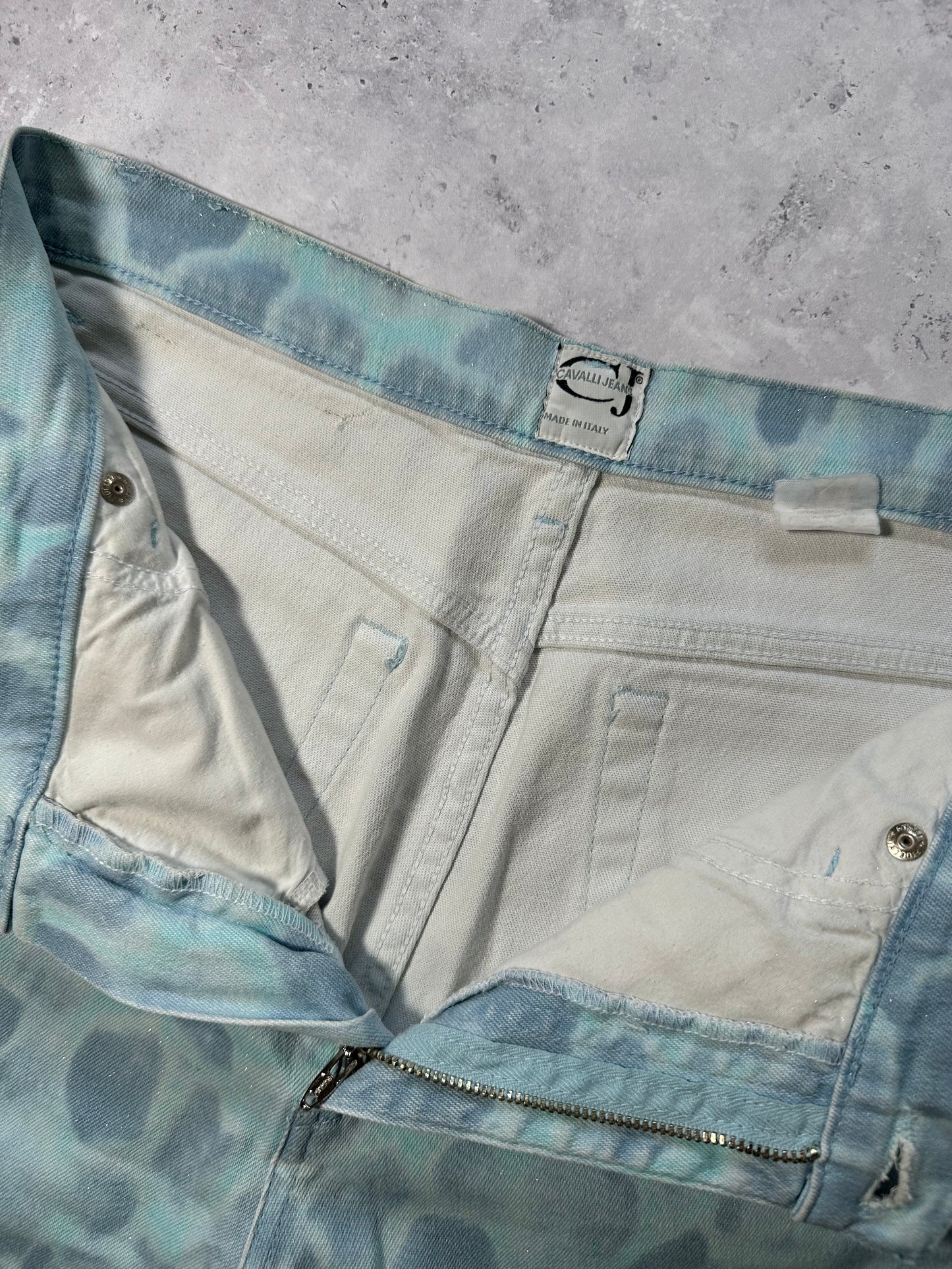 Roberto Cavalli Aqua Python Print Glitter Jeans (Waist 28”)