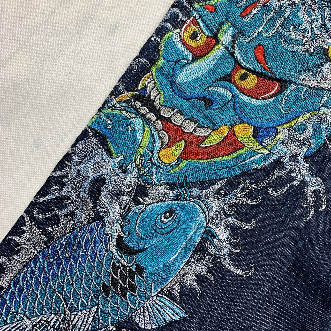 Sugoi Embroidered Oni Mask Koi Fish Japanese Denim Jeans