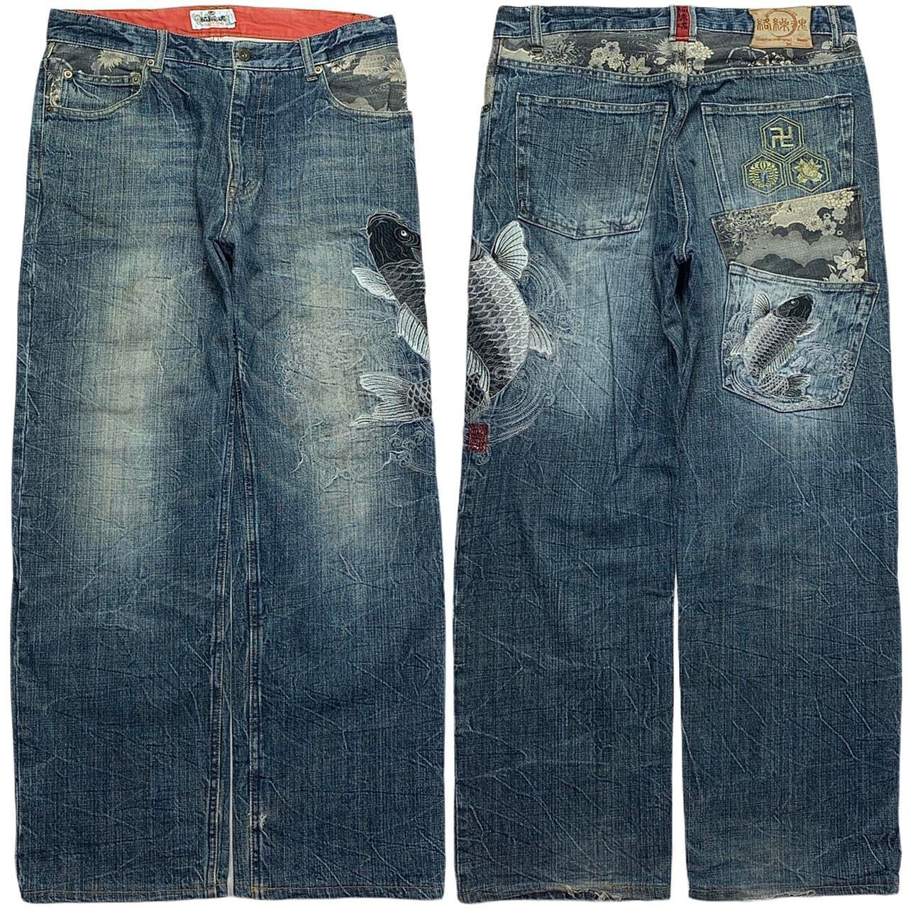 Karakuri Tamashi Koi Fish Multipocket Japanese Embroidered Denim Jeans