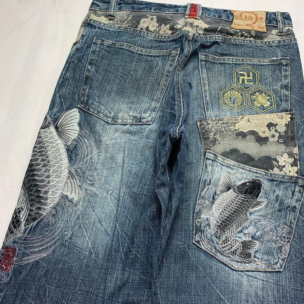Karakuri Tamashi Koi Fish Multipocket Japanese Embroidered Denim Jeans