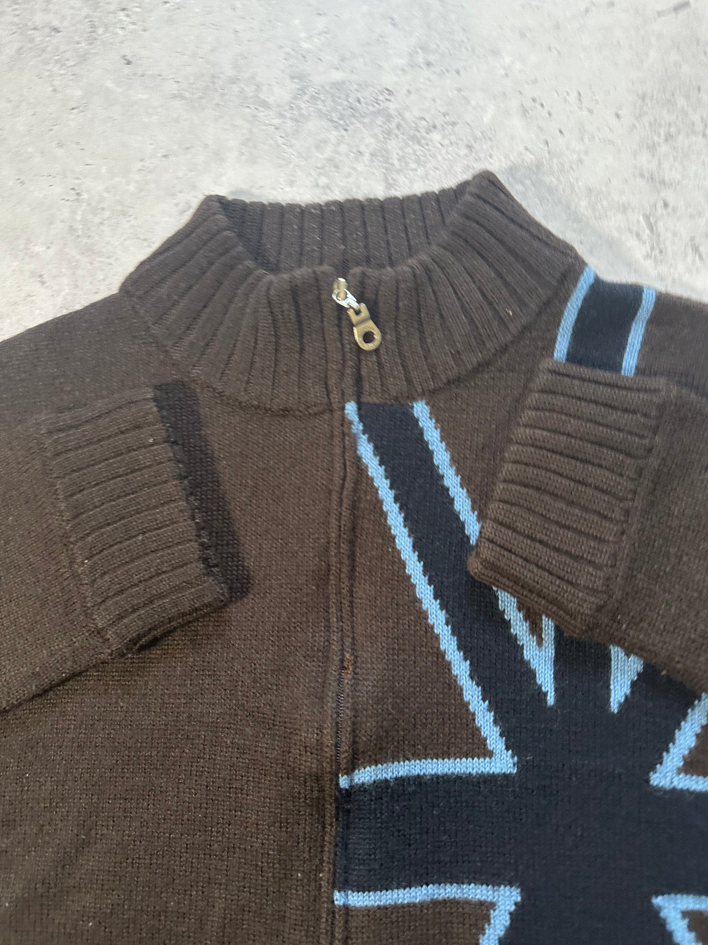 Burberry Black Label Union Jack Wool Blend Zip Knit Sweater (S)