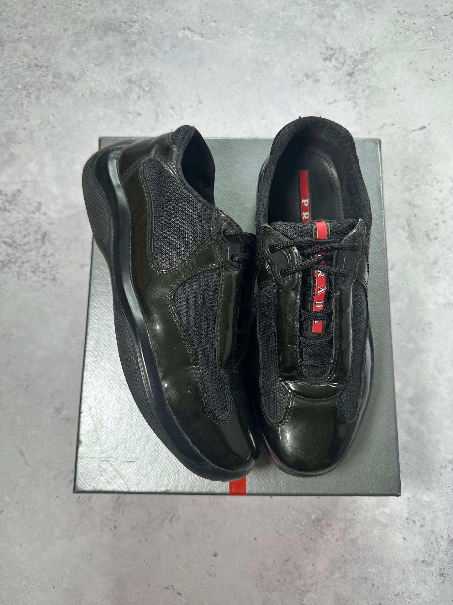 Prada America’s Cup Sneakers in Patent Black / Deep Green (UK5.5/ EU38.5-39)