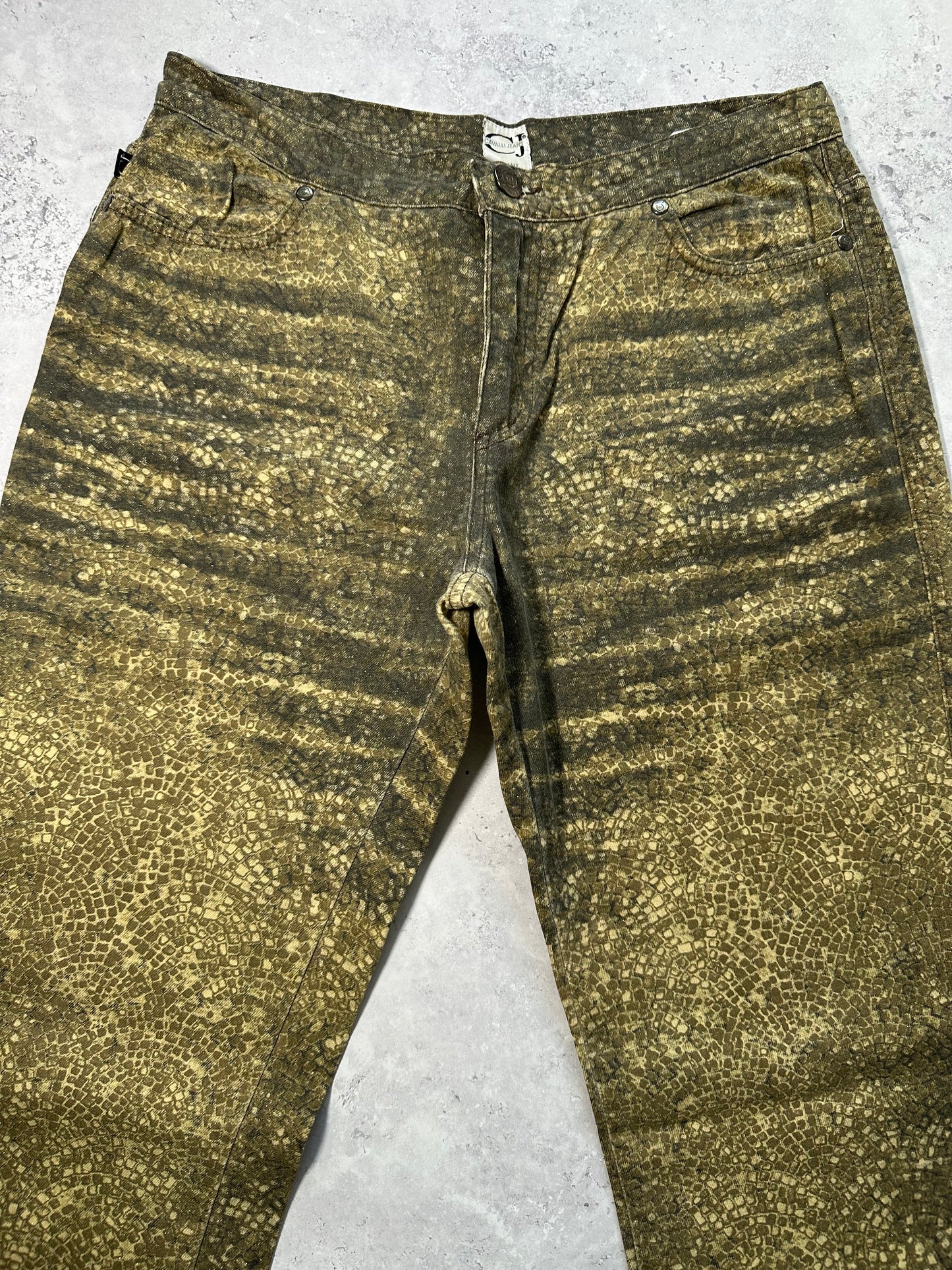 Roberto Cavalli 2005 Reptile Print Glittered Bootcut Baggy Jeans (W30 L32”)