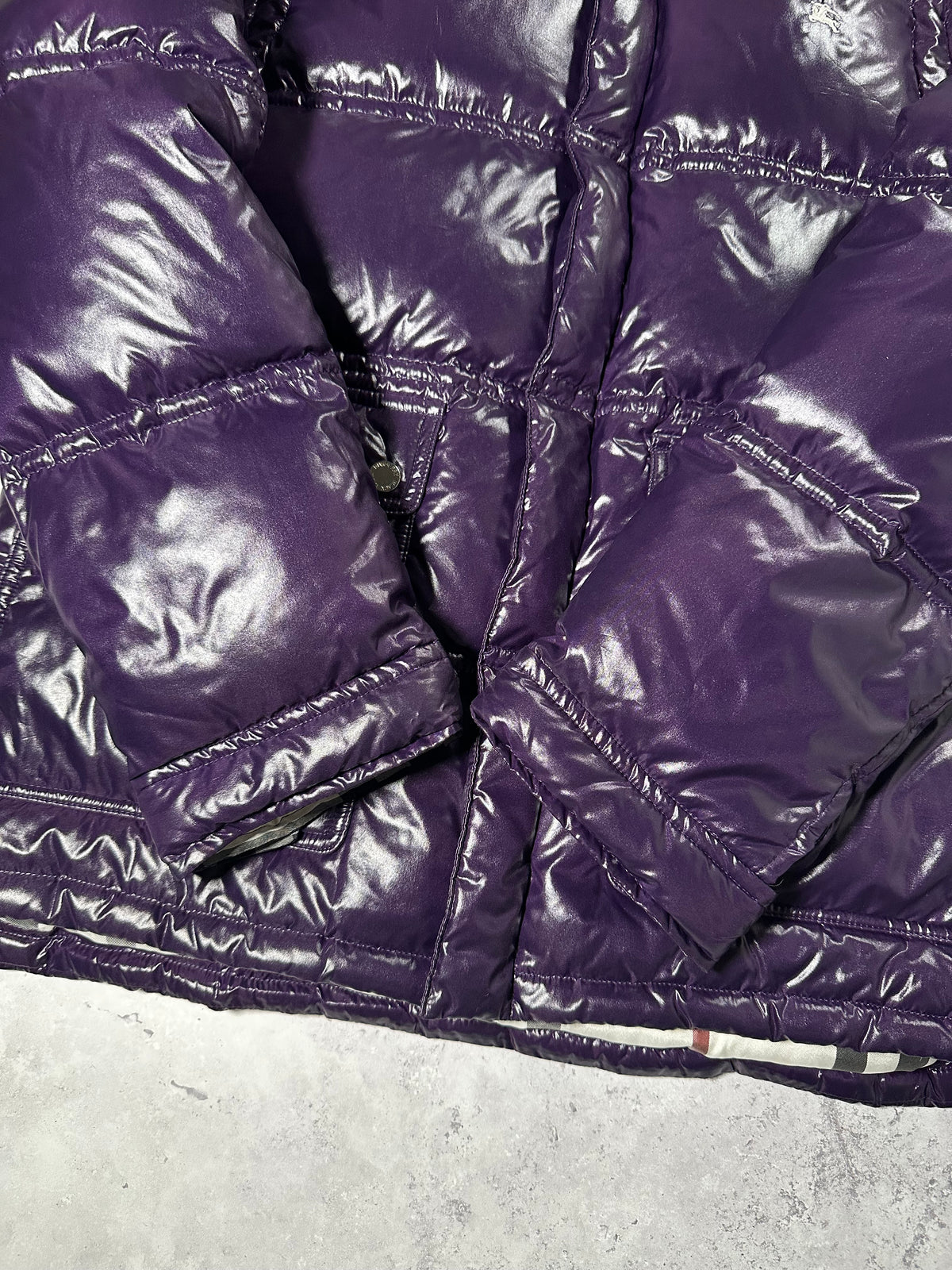 Burberry Black Label 2009 Fur Hood Glossy Puffer Jacket in Purple (L)