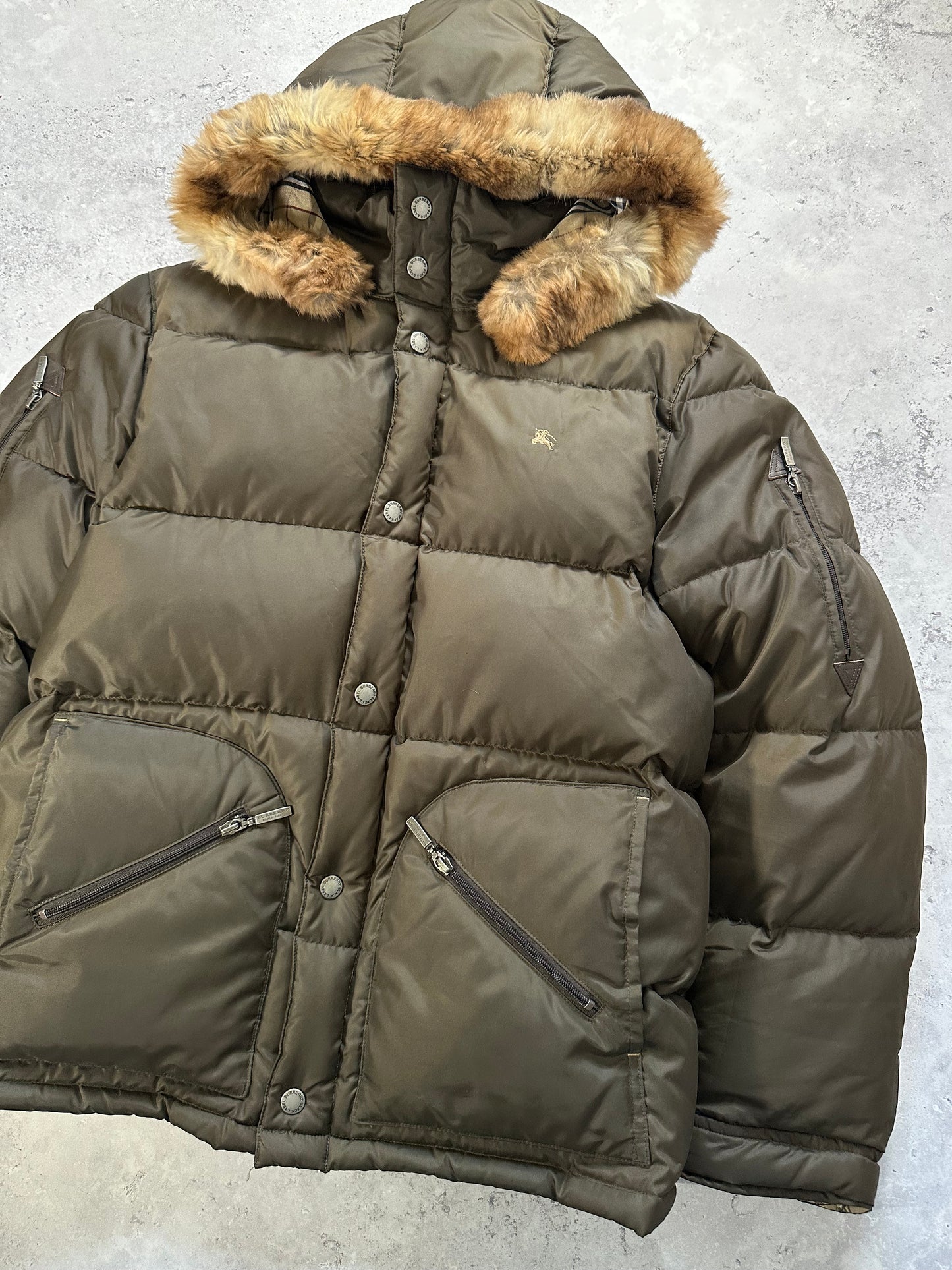 Burberry Black Label 2007 Fur Hood Down Puffer Jacket in Khaki (M)