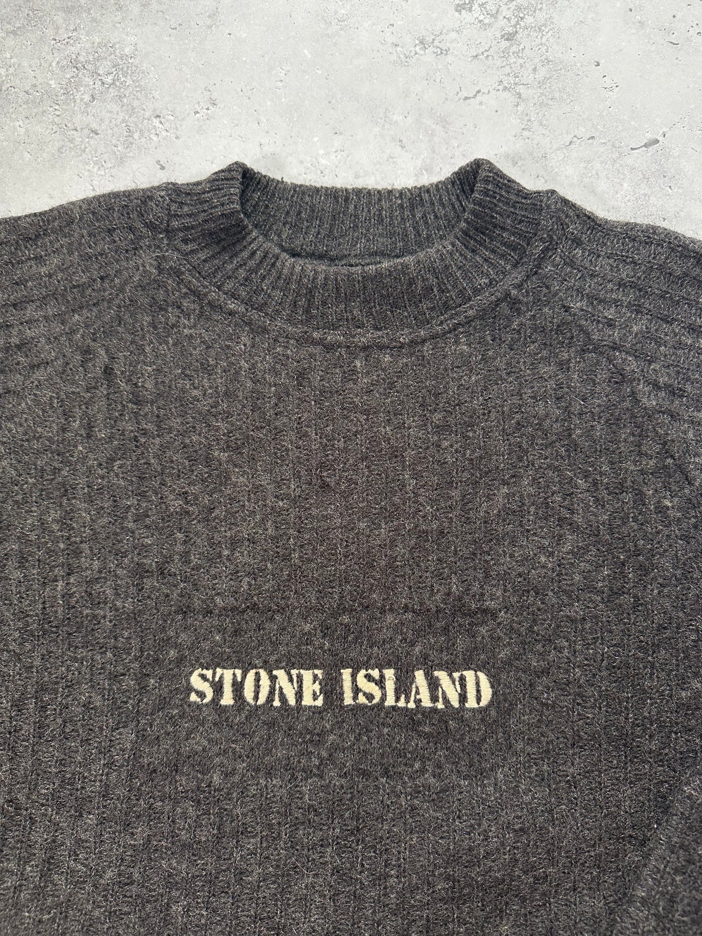 Stone Island AW1986 Embroidered Spellout Wool Jumper (XL)