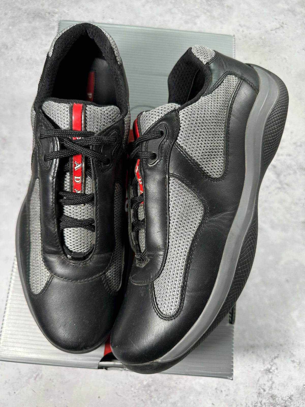 Prada Linea Rossa America’s Cup Leather & Mesh Sneakers in Black 
(UK8-8.5/EU42.5/US9-9.5)