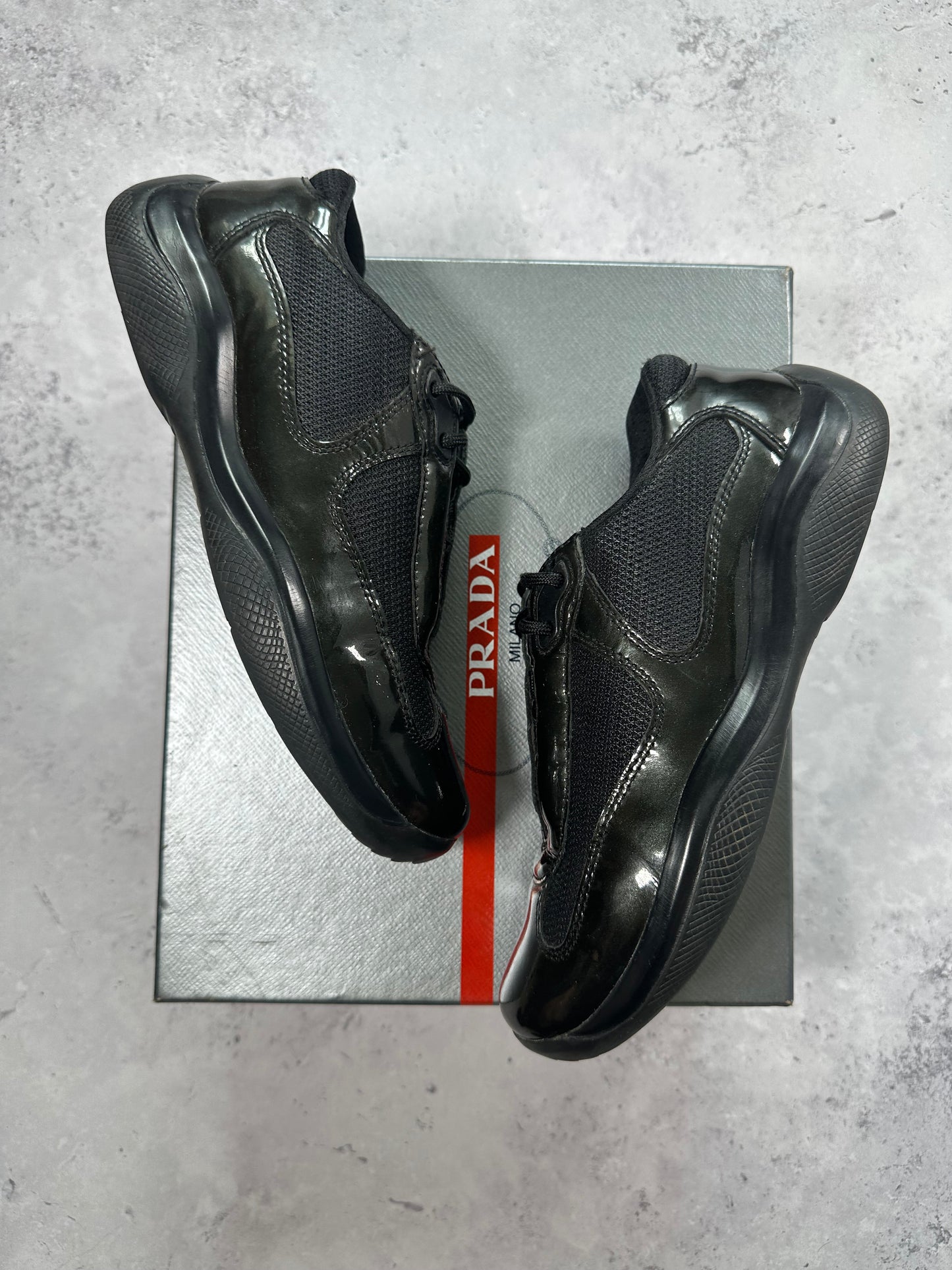 Prada America’s Cup Sneakers in Patent Black / Deep Green (UK5.5/ EU38.5-39)