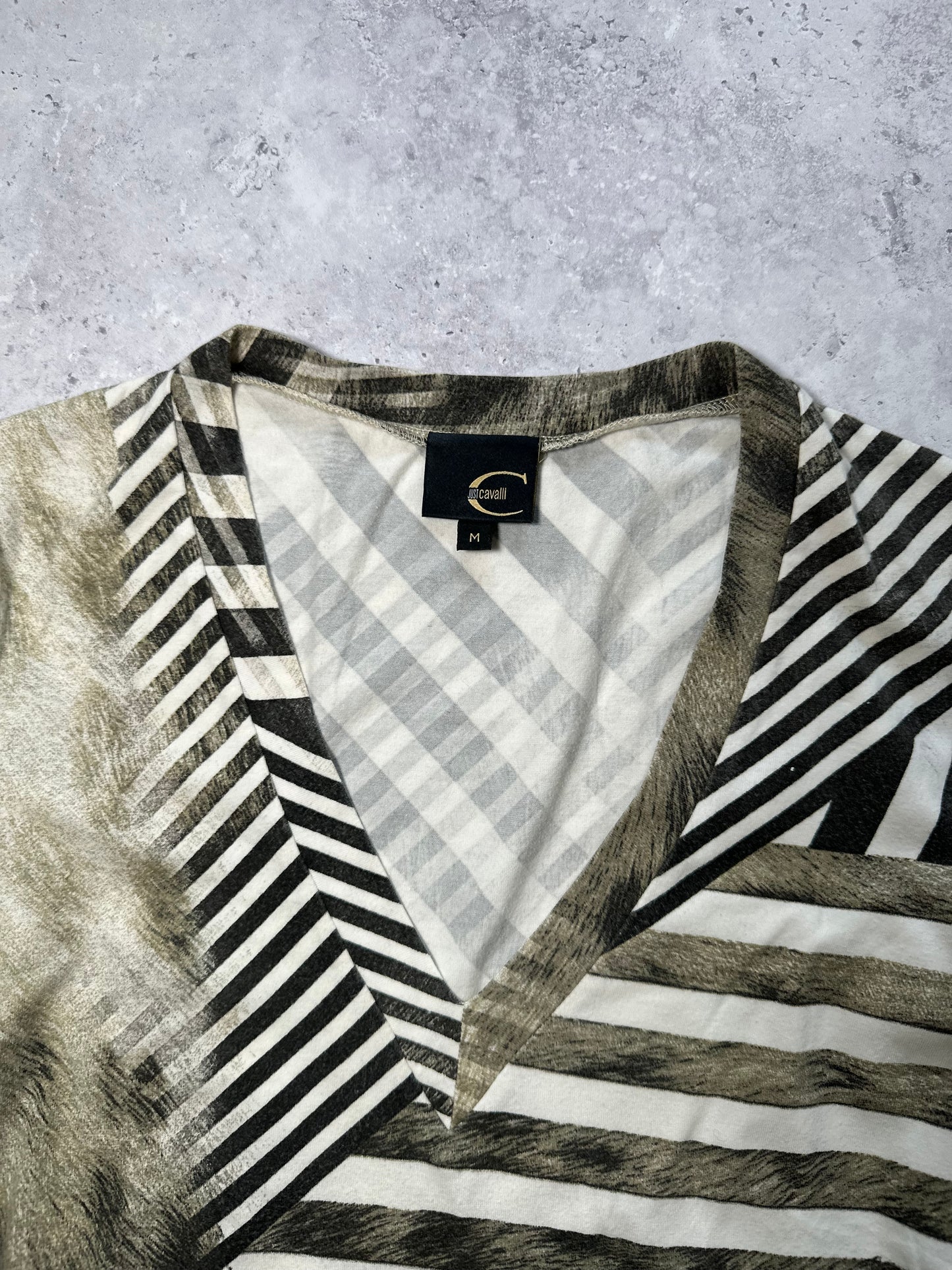 Roberto Cavalli 2000s Optical Stripe Animal Print Longsleeve Tshirt (S)