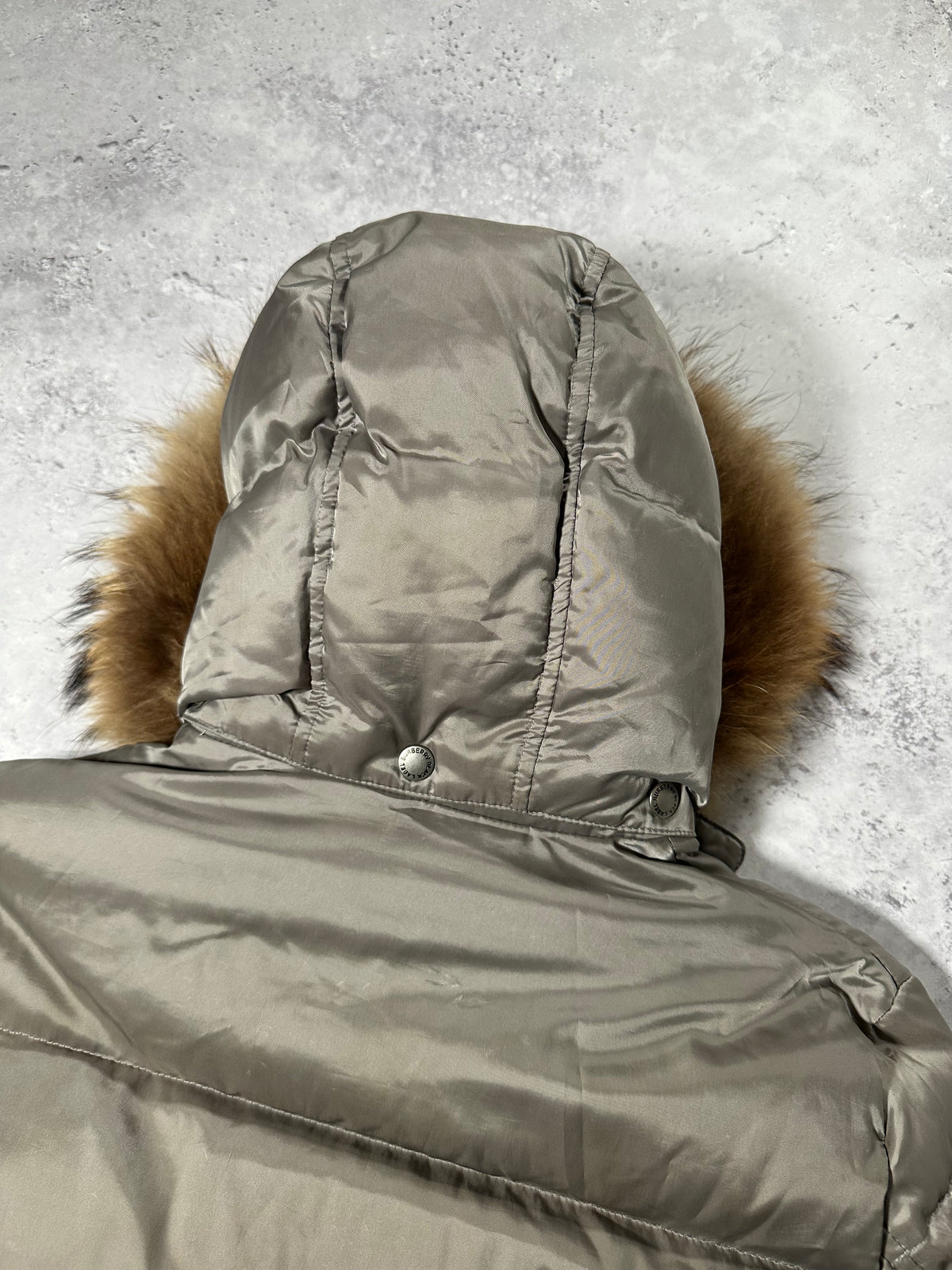Burberry Black Label 2007 Fur Hood Puffer Jacket in Silver (M)