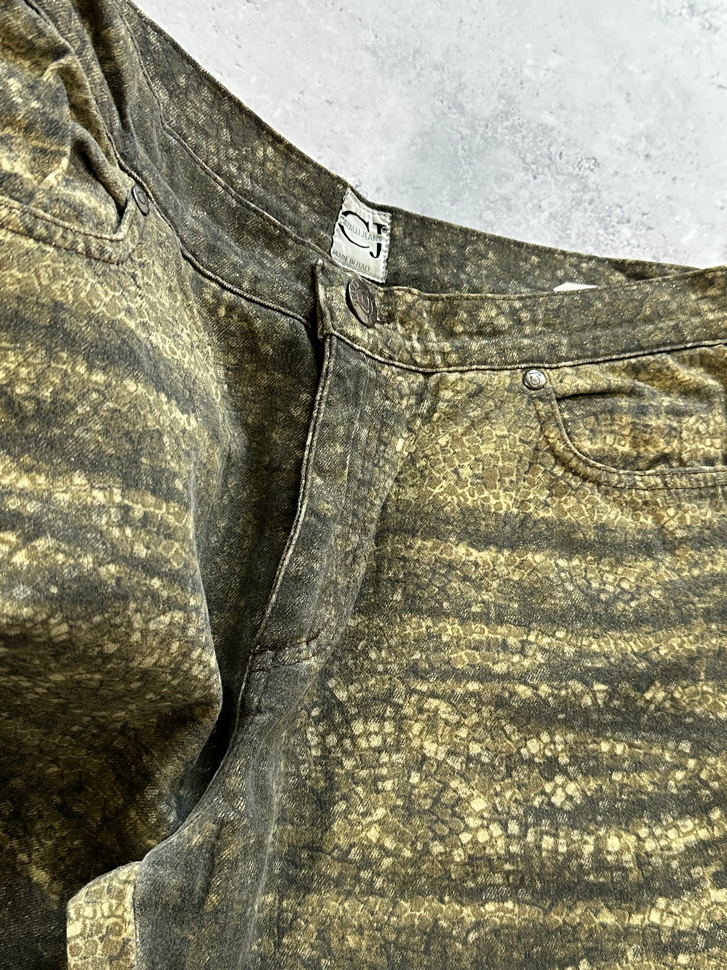 Roberto Cavalli 2005 Reptile Print Glittered Bootcut Baggy Jeans (W30 L32”)