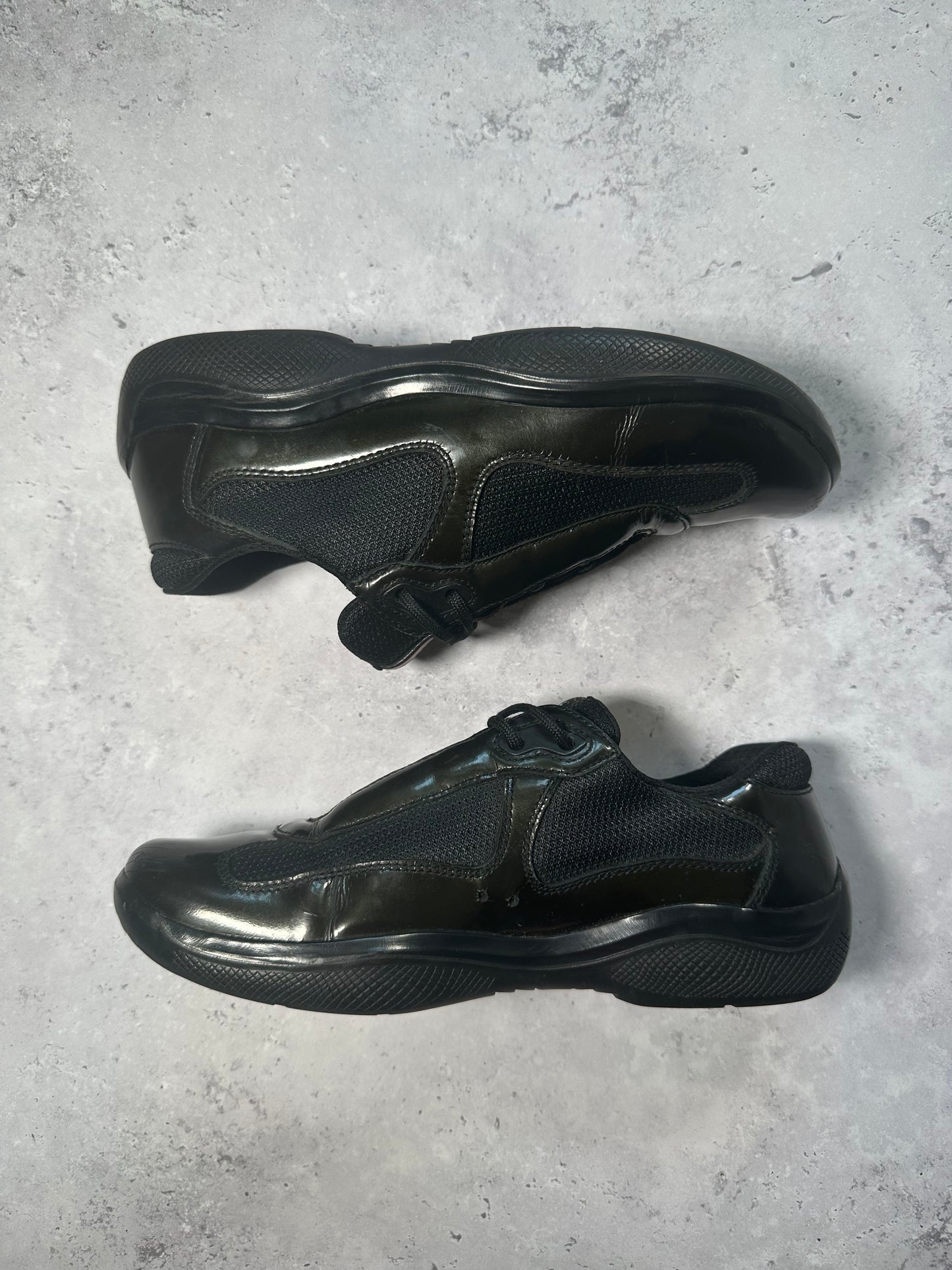 Prada Linea Rossa America’s Cup Patent Sneakers in Black / Deep Green