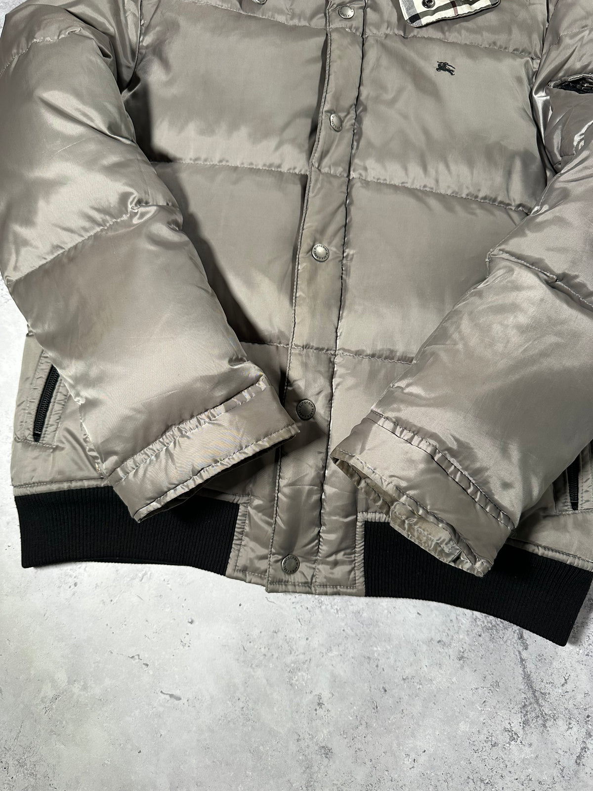 Burberry Black Label 2007 Fur Hood Puffer Jacket in Silver (M)