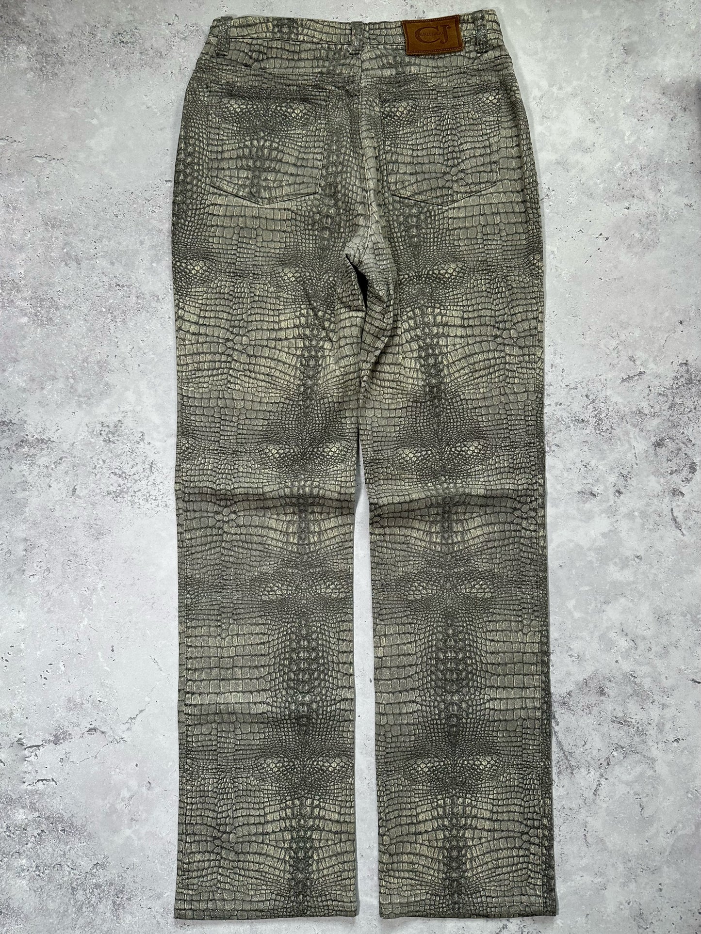 Roberto Cavalli 2003 Crocodile Print Glittered Straight Leg Jeans (W28” L32”)