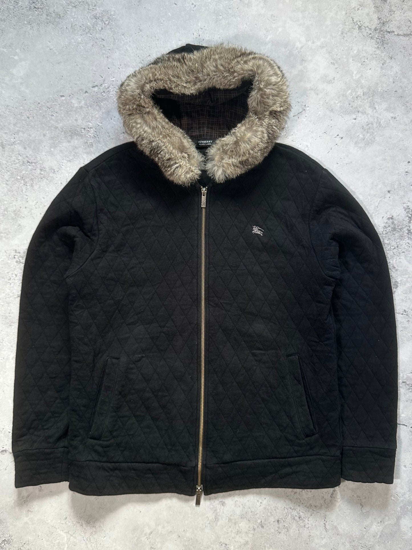 Burberry Black Label 2007 Diamond Stitch Fur Hood Zip Hoodie (M)