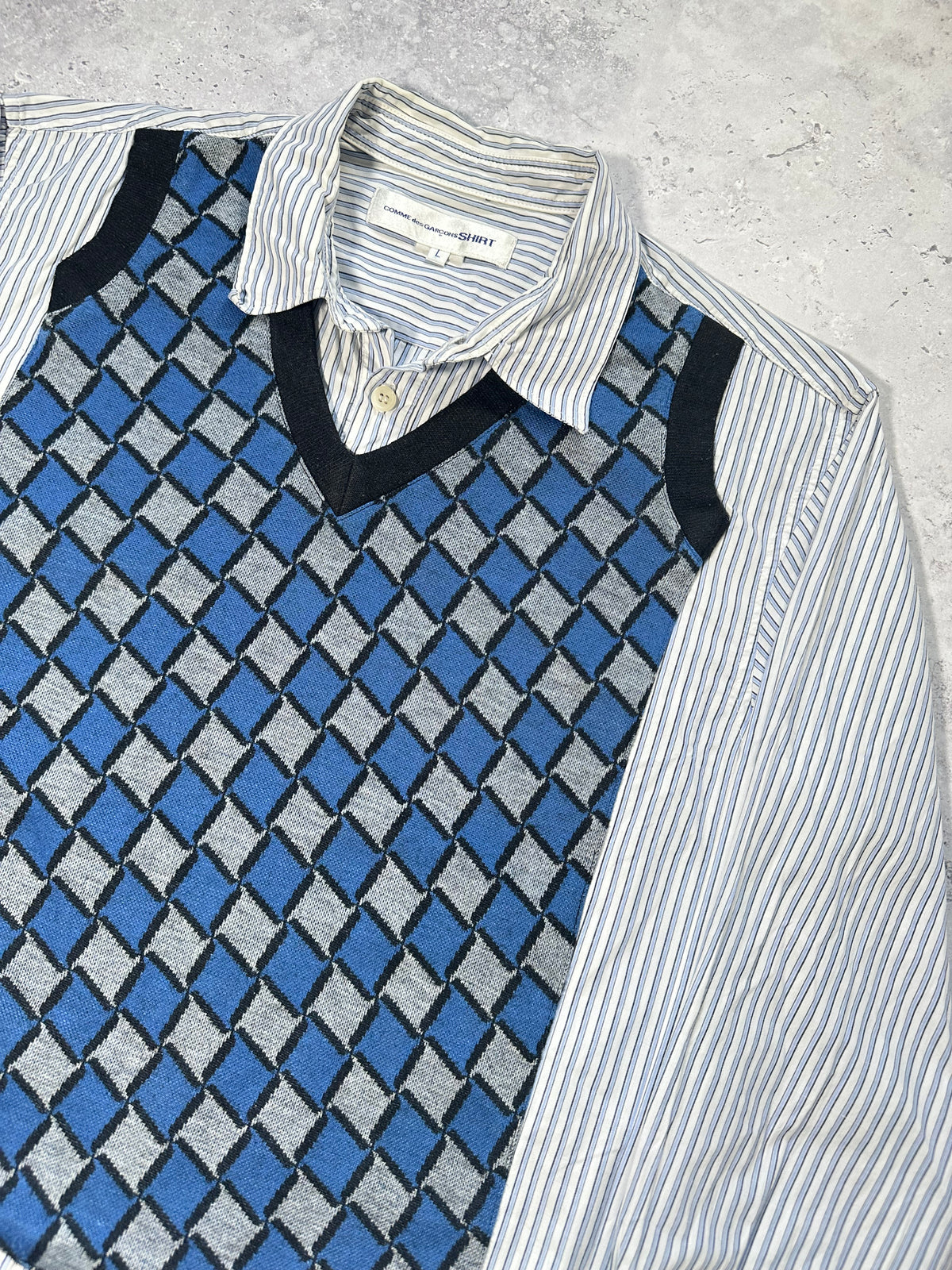 Comme des Garçons Shirt Argyle Knit Panel Striped Longsleeve Shirt (L)