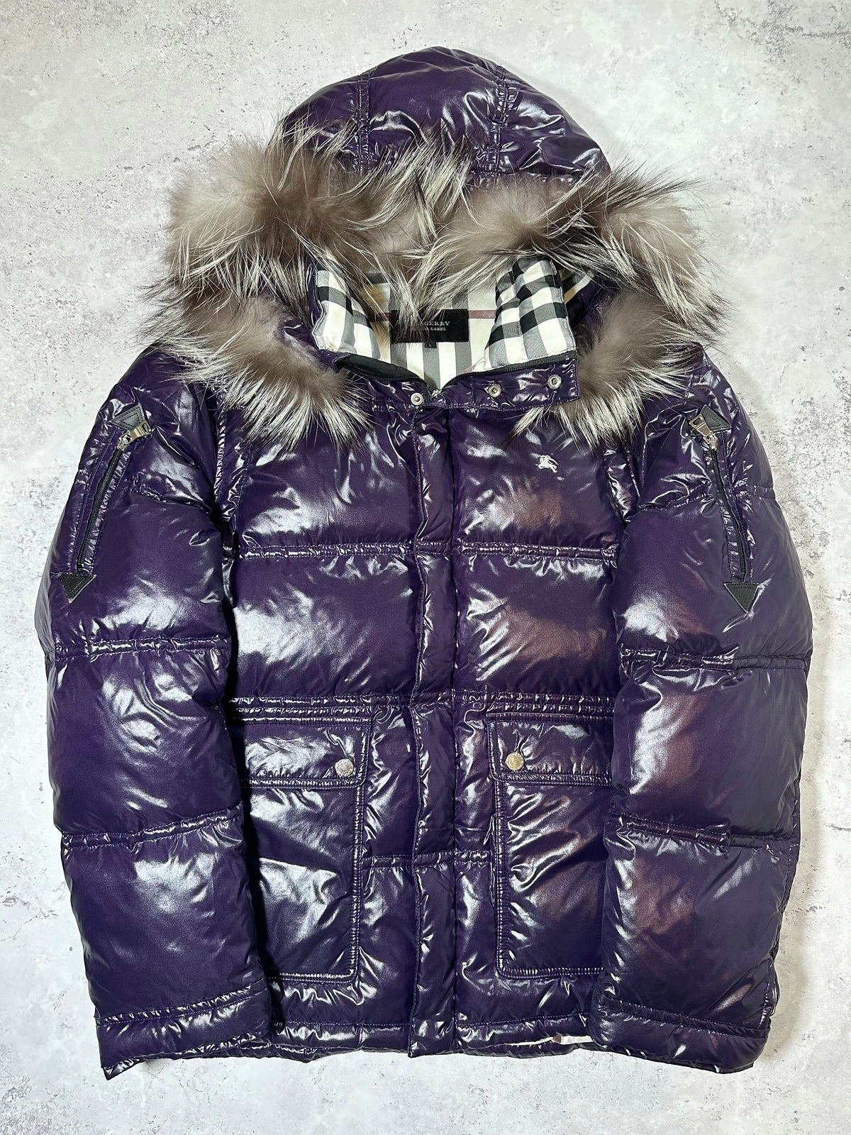 Burberry Black Label 2009 Fur Hood Glossy Puffer Jacket in Purple (L)