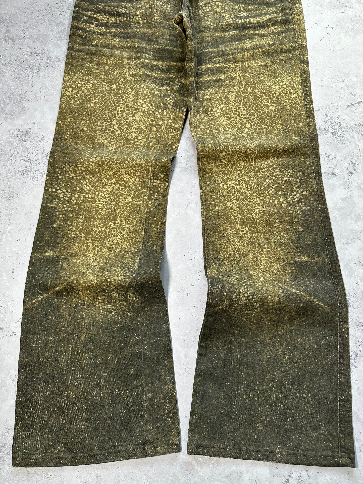 Roberto Cavalli 2005 Reptile Print Glittered Bootcut Baggy Jeans (W30 L32”)