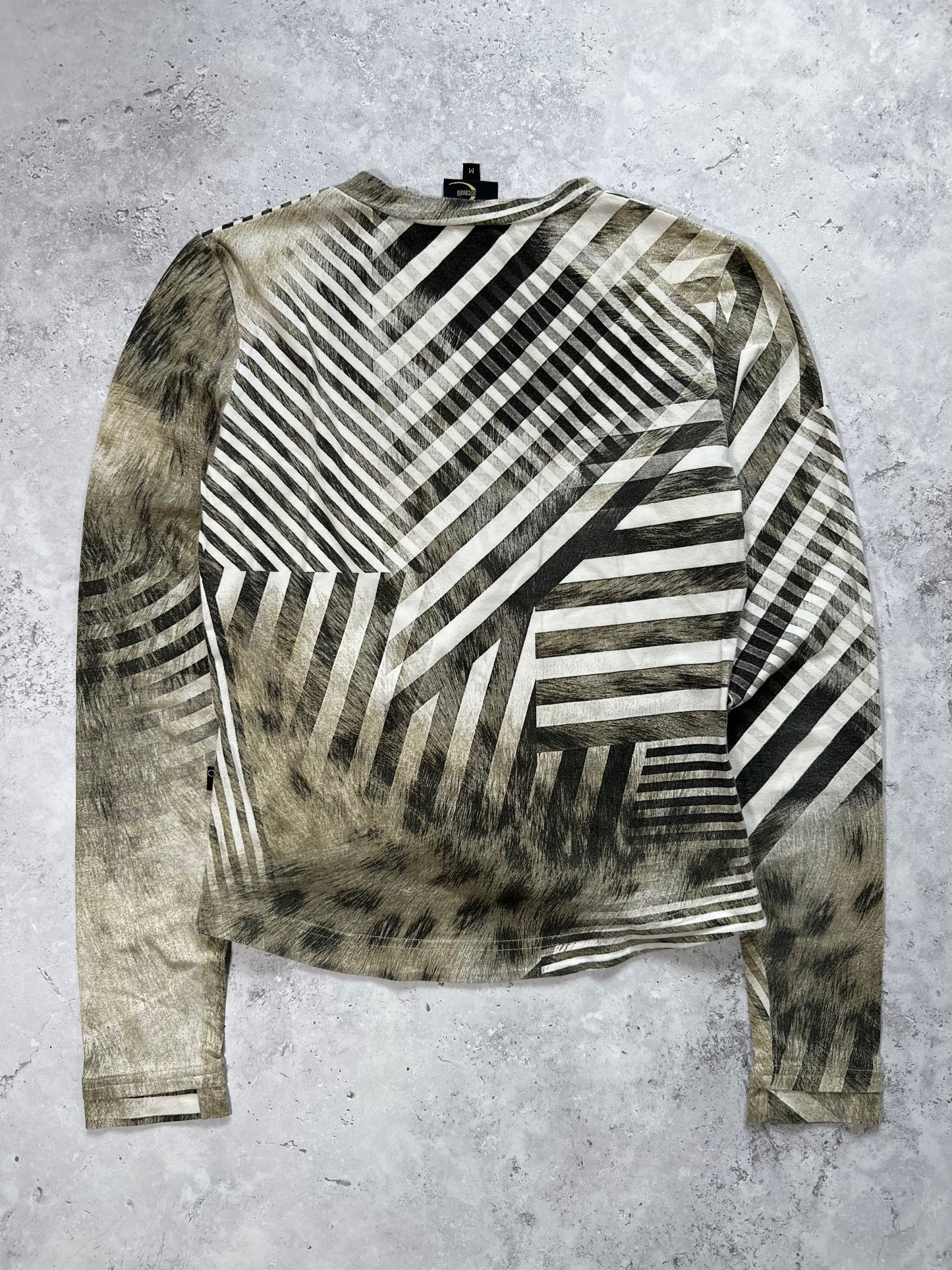 Roberto Cavalli 2000s Optical Stripe Animal Print Longsleeve Tshirt (S)