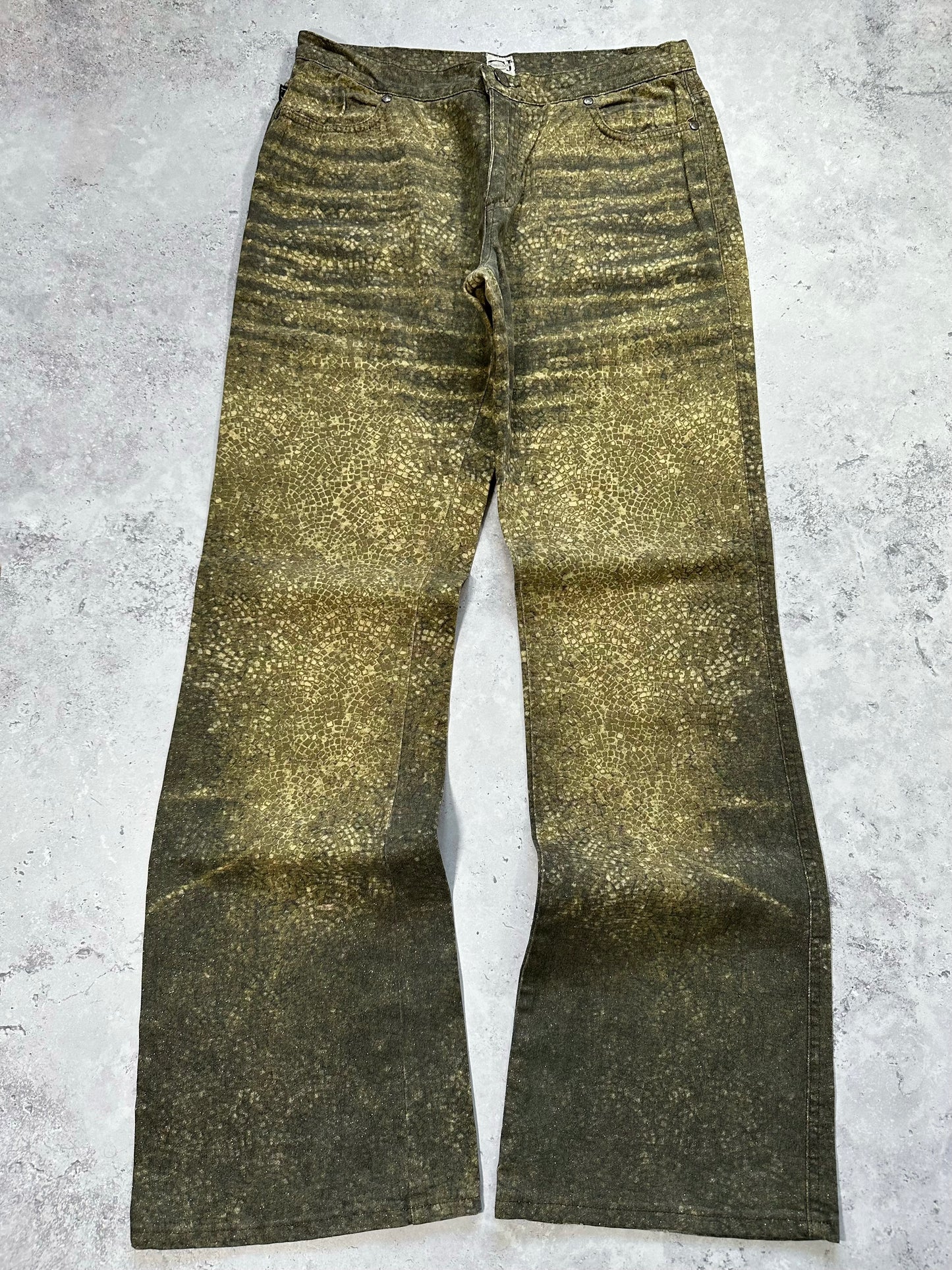 Roberto Cavalli 2005 Reptile Print Glittered Bootcut Baggy Jeans (W30 L32”)