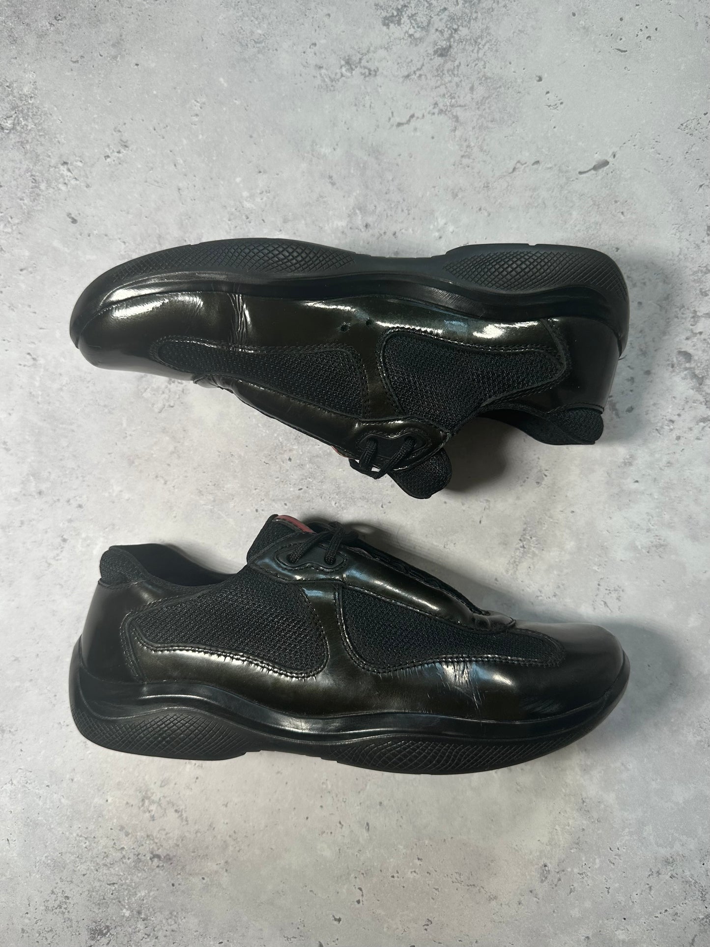 Prada Linea Rossa America’s Cup Patent Sneakers in Black / Deep Green