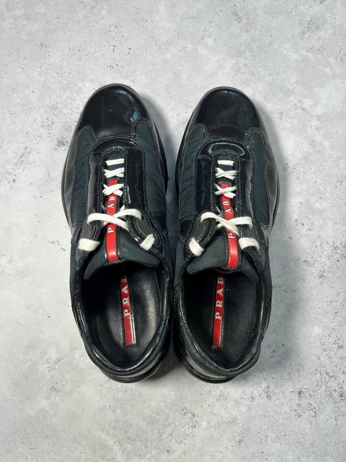 Prada Linea Rossa America’s Cup Leather Nylon Sneakers in Patent Black (UK6/EU39/ US7)