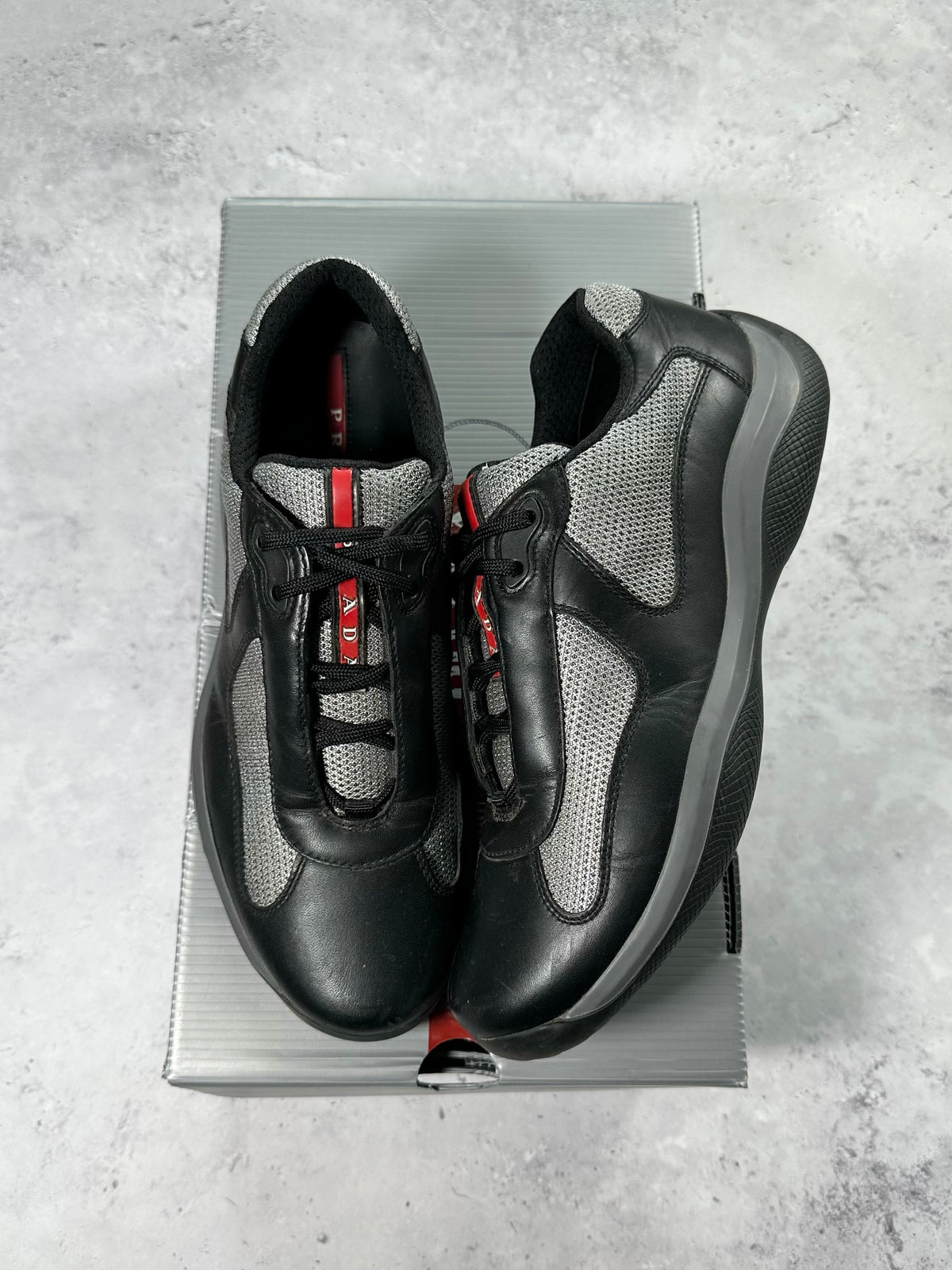 Prada Linea Rossa America’s Cup Leather & Mesh Sneakers in Black 
(UK8-8.5/EU42.5/US9-9.5)