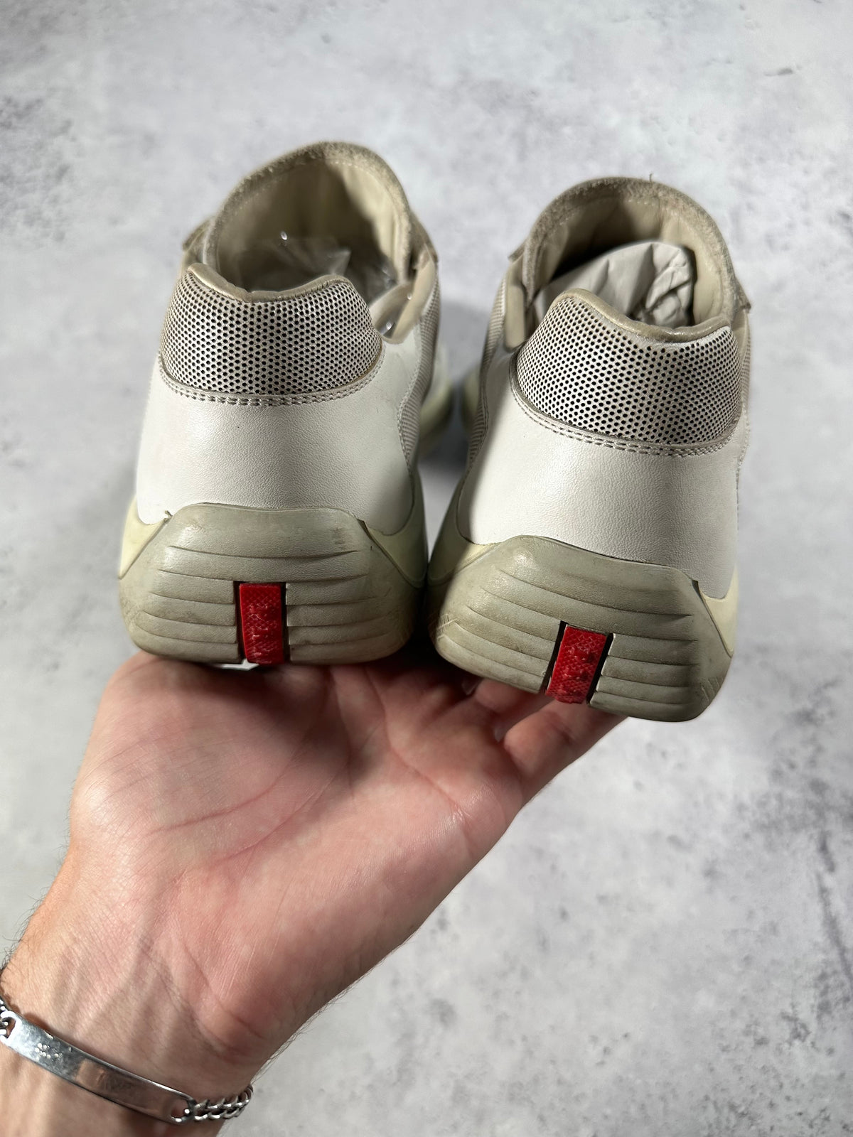 Prada Linea Rossa America’s Cup Sneakers in White & Cream (tagged UK9 fits UK10-11/EU 44-45/US 11-12)