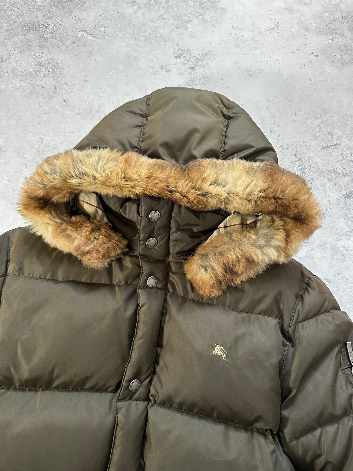 Burberry Black Label 2007 Fur Hood Down Puffer Jacket in Khaki (M)