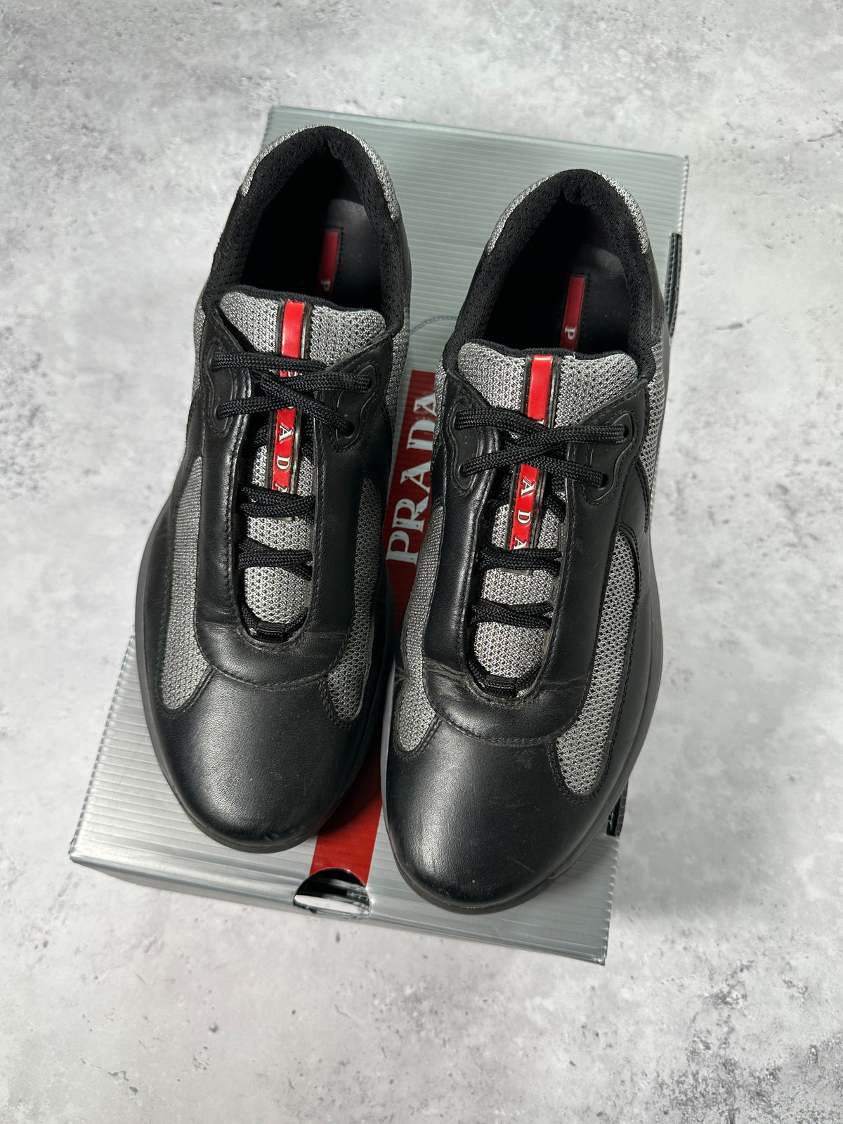 Prada Linea Rossa America’s Cup Leather & Mesh Sneakers in Black 
(UK8-8.5/EU42.5/US9-9.5)