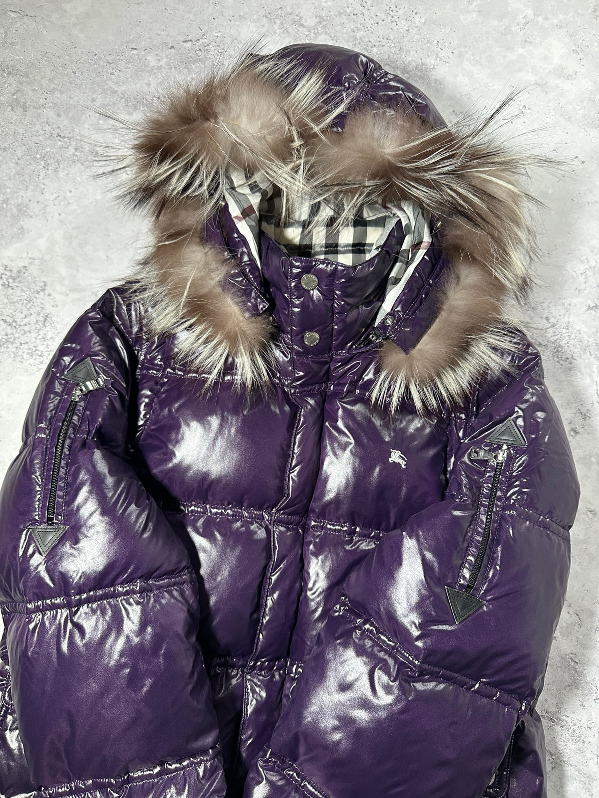 Burberry Black Label 2009 Fur Hood Glossy Puffer Jacket in Purple (L)