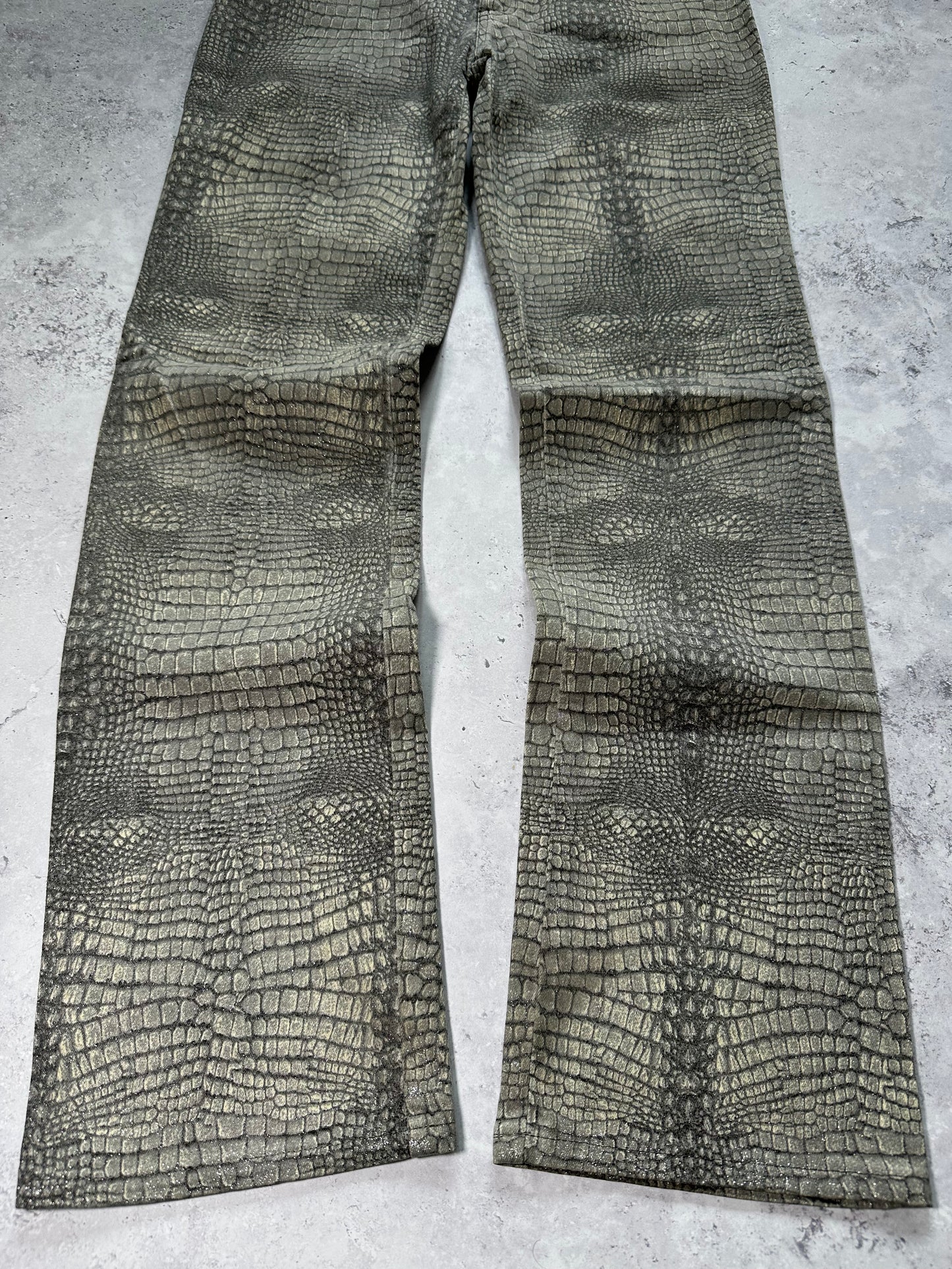 Roberto Cavalli 2003 Crocodile Print Glittered Straight Leg Jeans (W28” L32”)