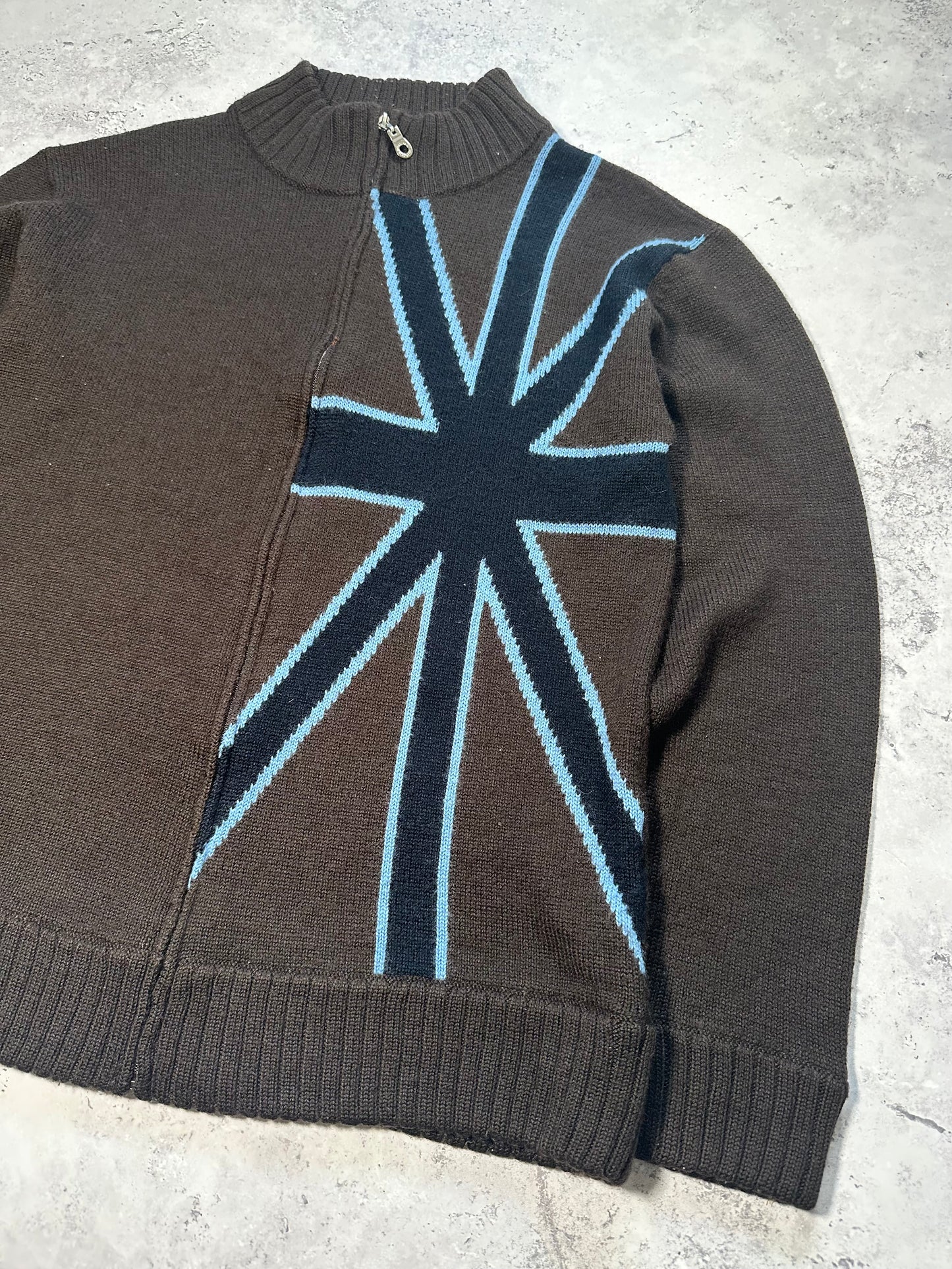 Burberry Black Label Union Jack Wool Blend Zip Knit Sweater (S)