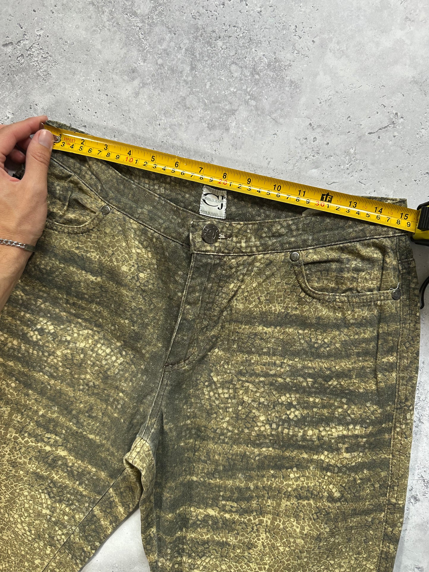 Roberto Cavalli 2005 Reptile Print Glittered Bootcut Baggy Jeans (W30 L32”)