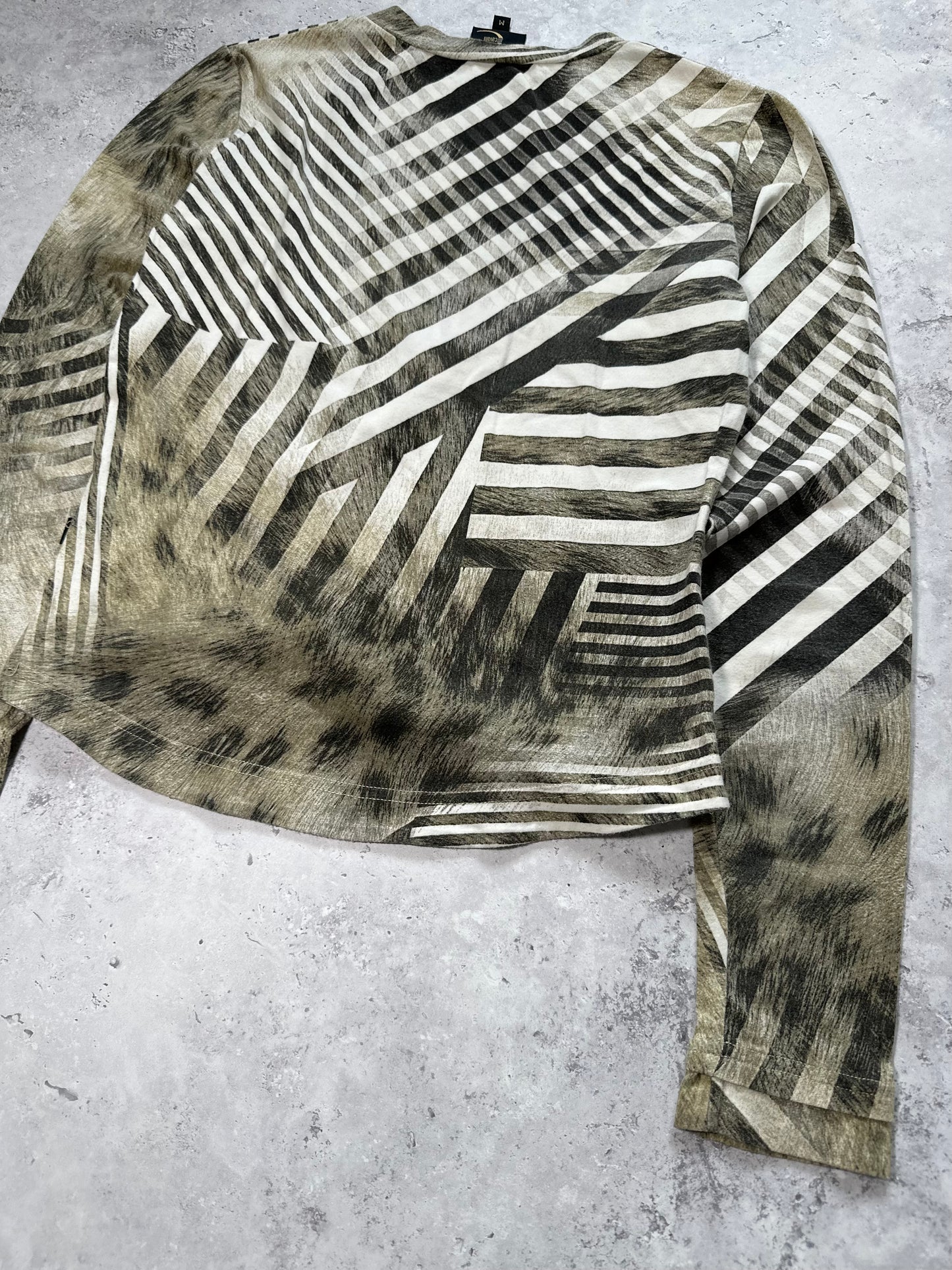 Roberto Cavalli 2000s Optical Stripe Animal Print Longsleeve Tshirt (S)