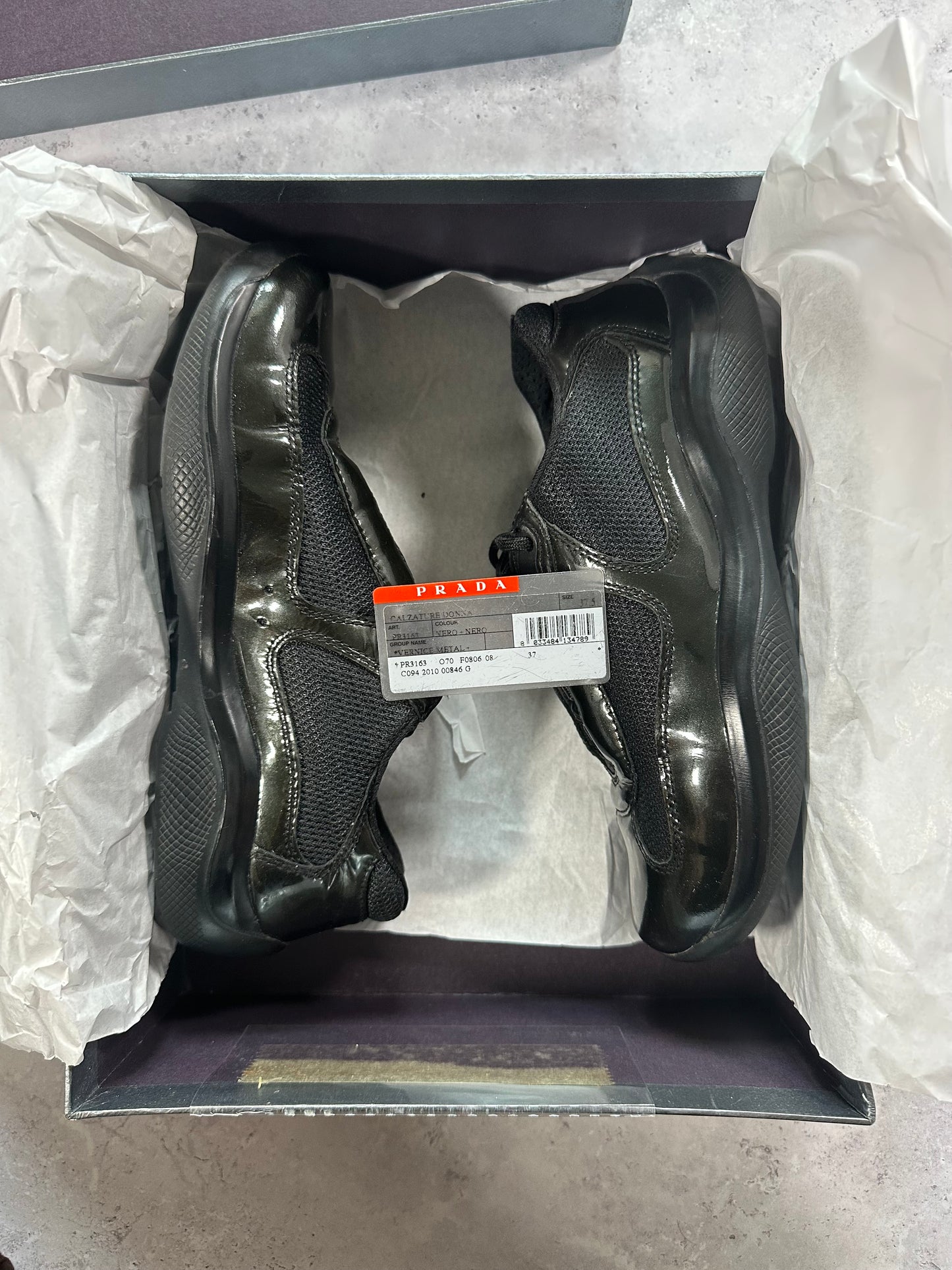 Prada America’s Cup Sneakers in Patent Black / Deep Green (UK5.5/ EU38.5-39)