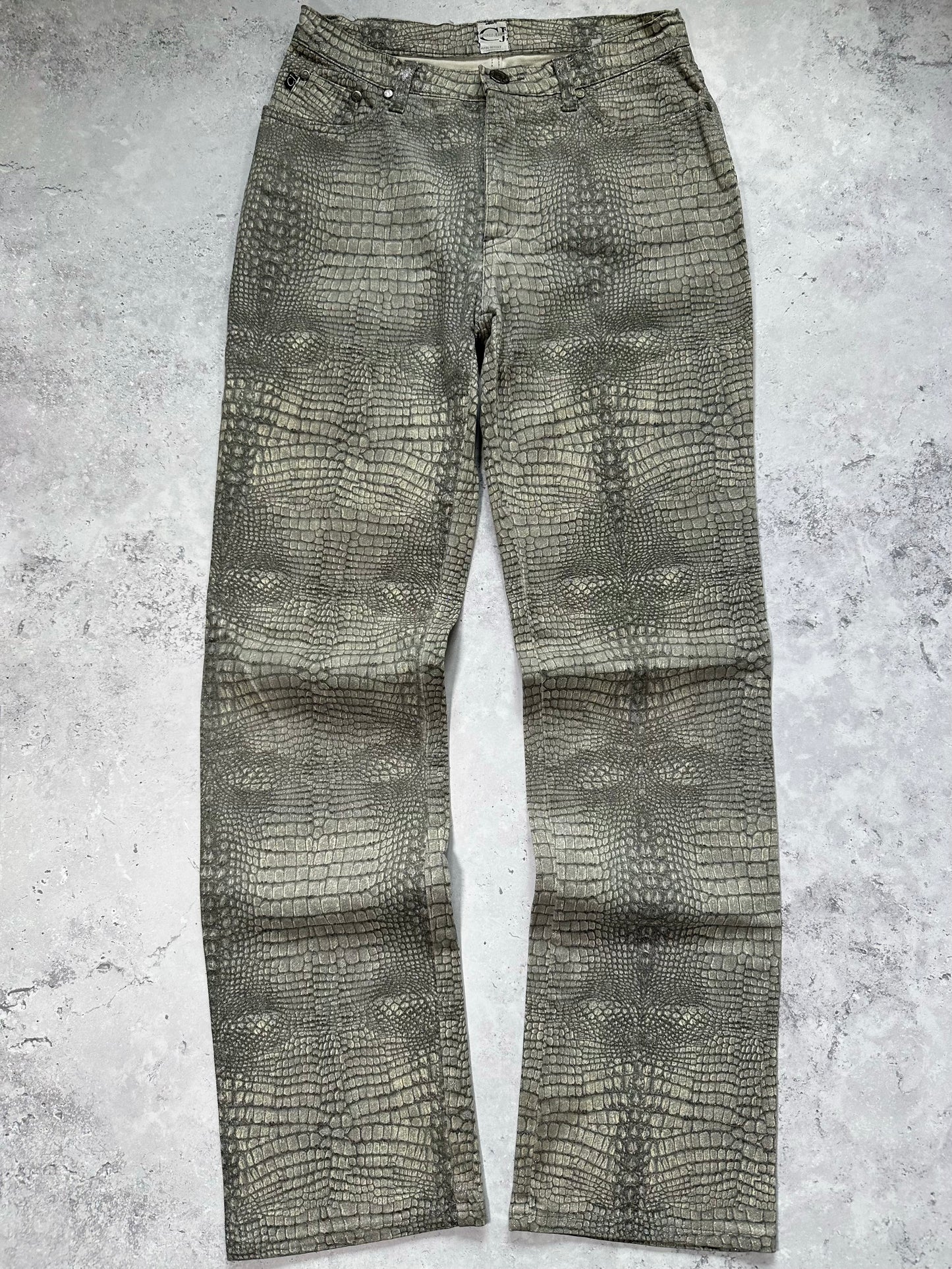 Roberto Cavalli 2003 Crocodile Print Glittered Straight Leg Jeans (W28” L32”)