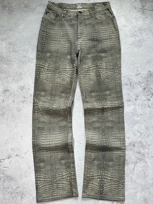 Roberto Cavalli 2003 Crocodile Print Glittered Straight Leg Jeans (W28” L32”)