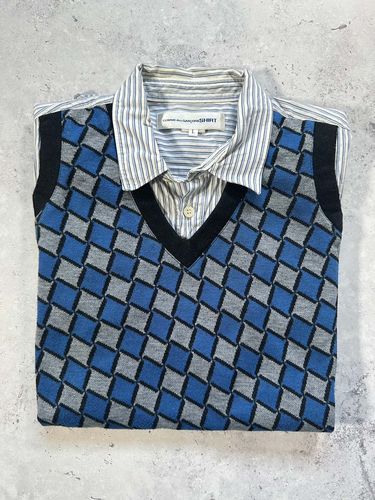 Comme des Garçons Shirt Argyle Knit Panel Striped Longsleeve Shirt (L)