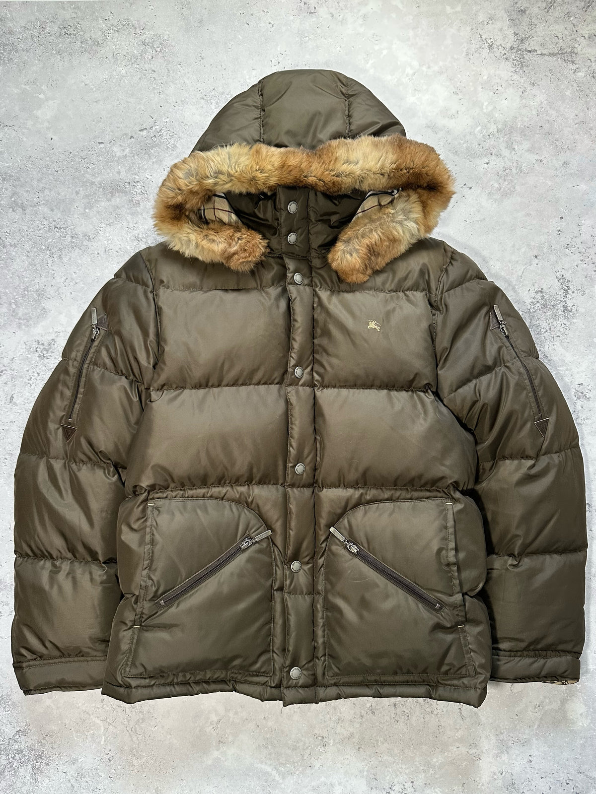 Burberry Black Label 2007 Fur Hood Down Puffer Jacket in Khaki (M)
