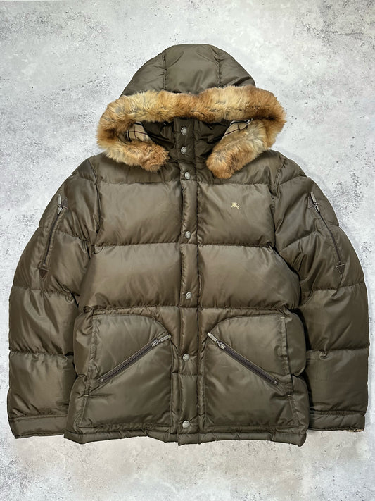 Burberry Black Label 2007 Fur Hood Down Puffer Jacket in Khaki (M)