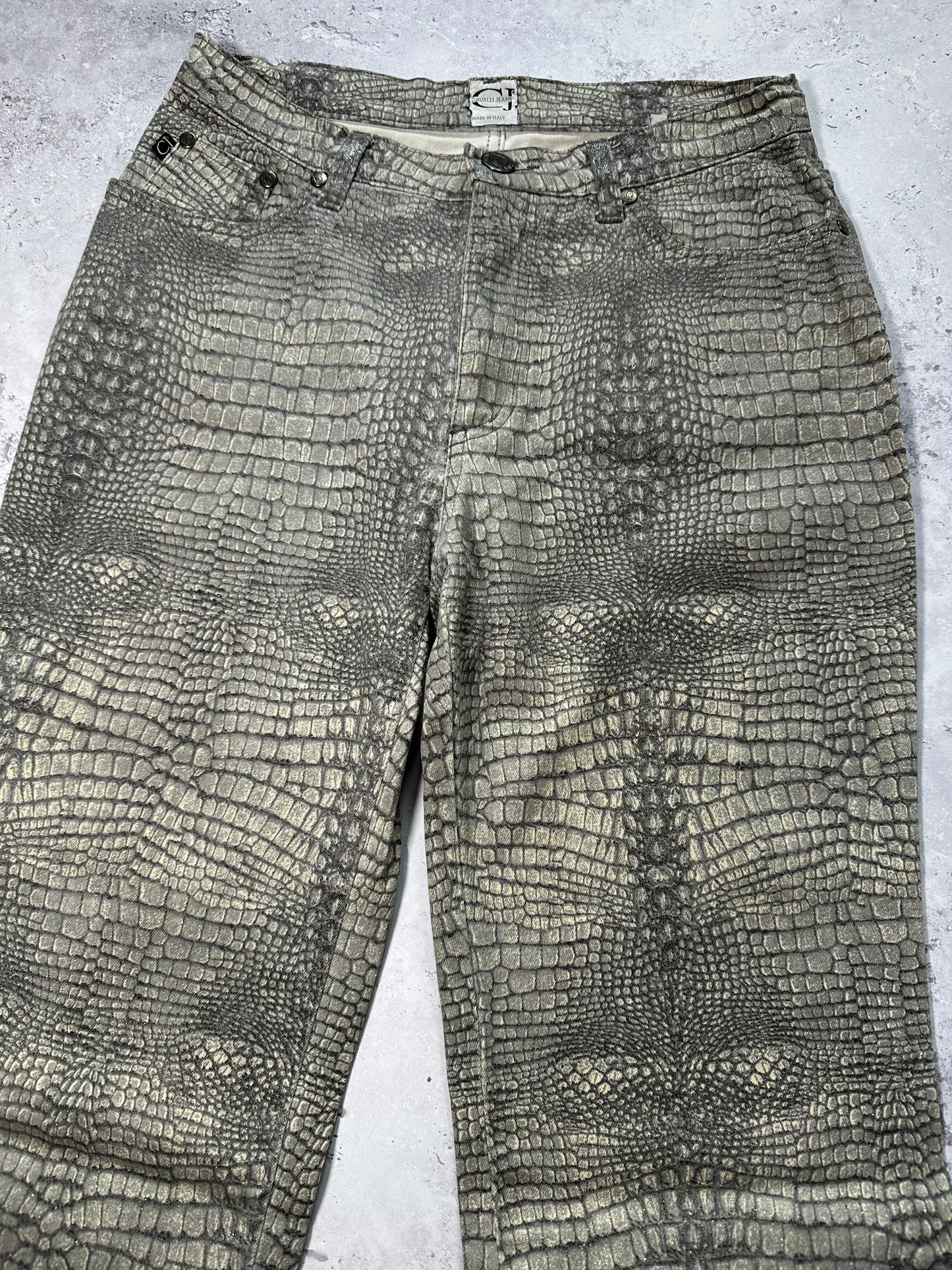 Roberto Cavalli 2003 Crocodile Print Glittered Straight Leg Jeans (W28” L32”)