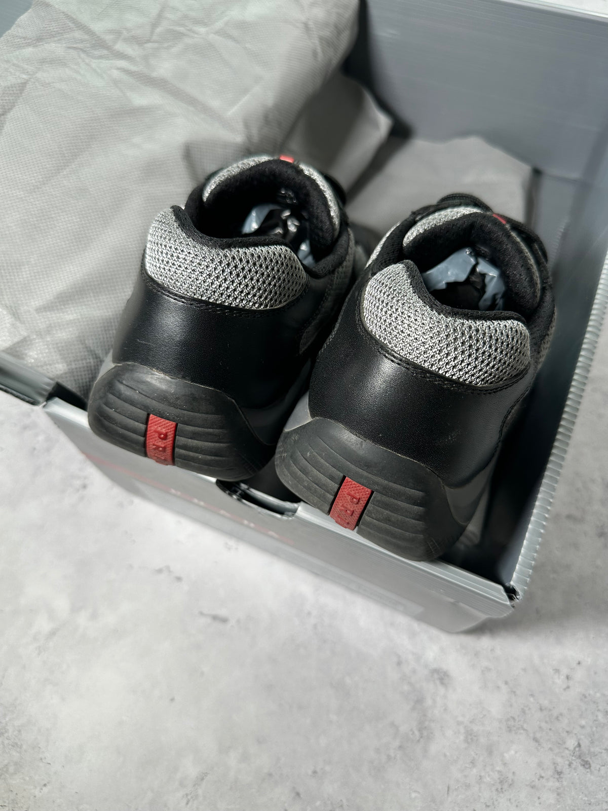 Prada Linea Rossa America’s Cup Leather & Mesh Sneakers in Black 
(UK8-8.5/EU42.5/US9-9.5)