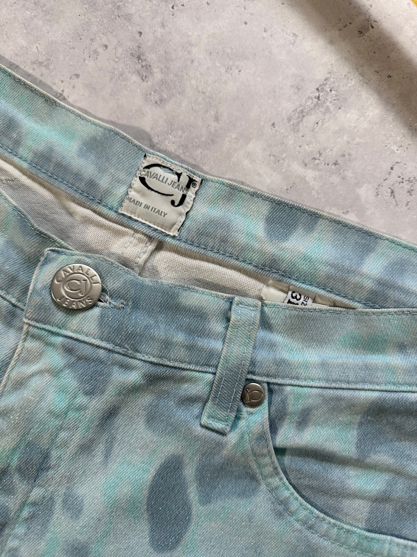 Roberto Cavalli Aqua Python Print Glitter Jeans (Waist 28”)
