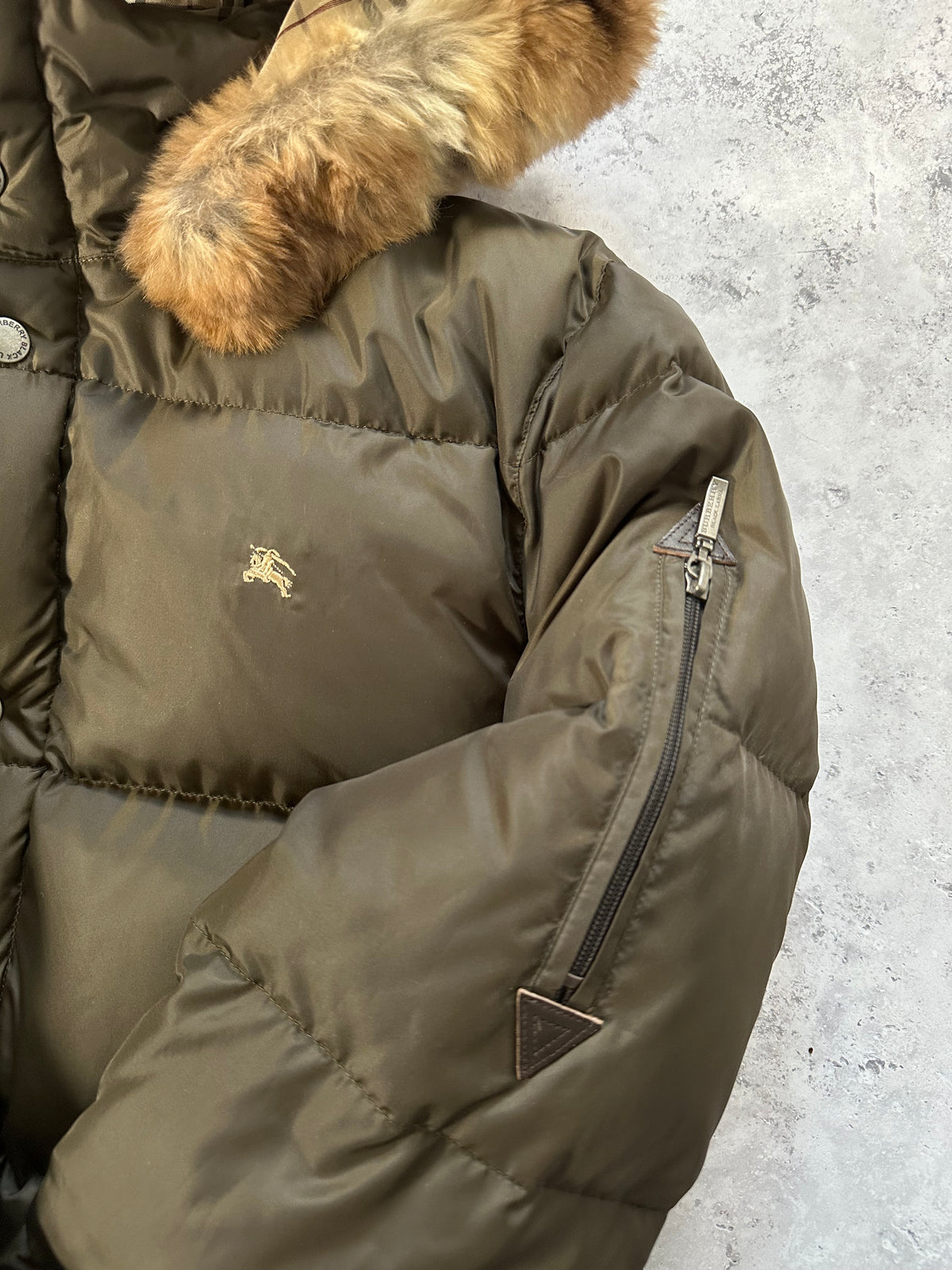 Burberry Black Label 2007 Fur Hood Down Puffer Jacket in Khaki (M)
