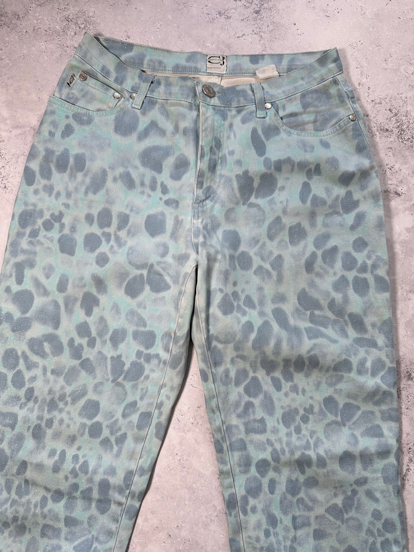 Roberto Cavalli Aqua Python Print Glitter Jeans (Waist 28”)