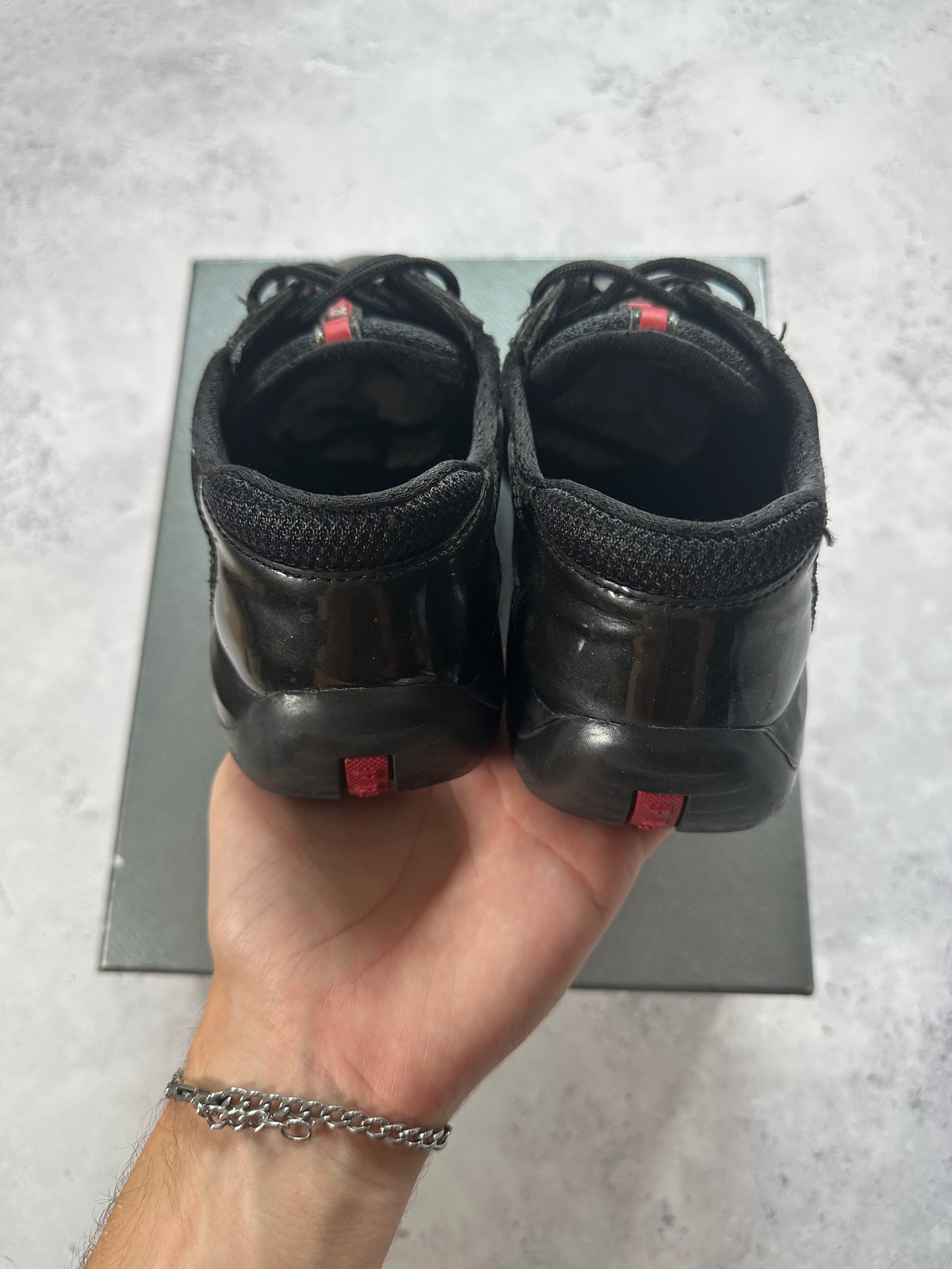 Prada America’s Cup Sneakers in Patent Black / Deep Green (UK5.5/ EU38.5-39)