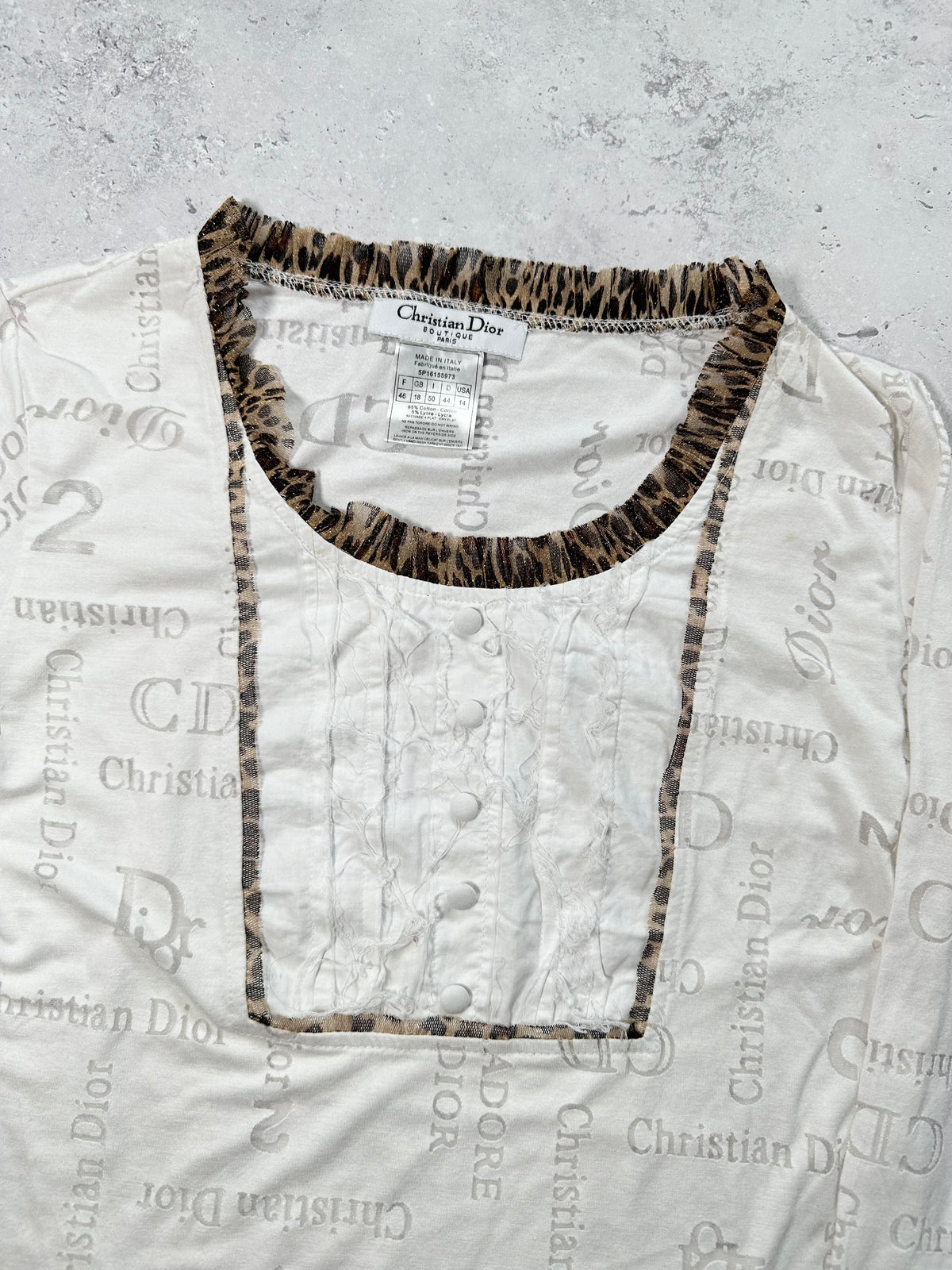 Christian Dior 2002 Multi Logo Monogram Leopard Print Longsleeve Tshirt by John Galliano