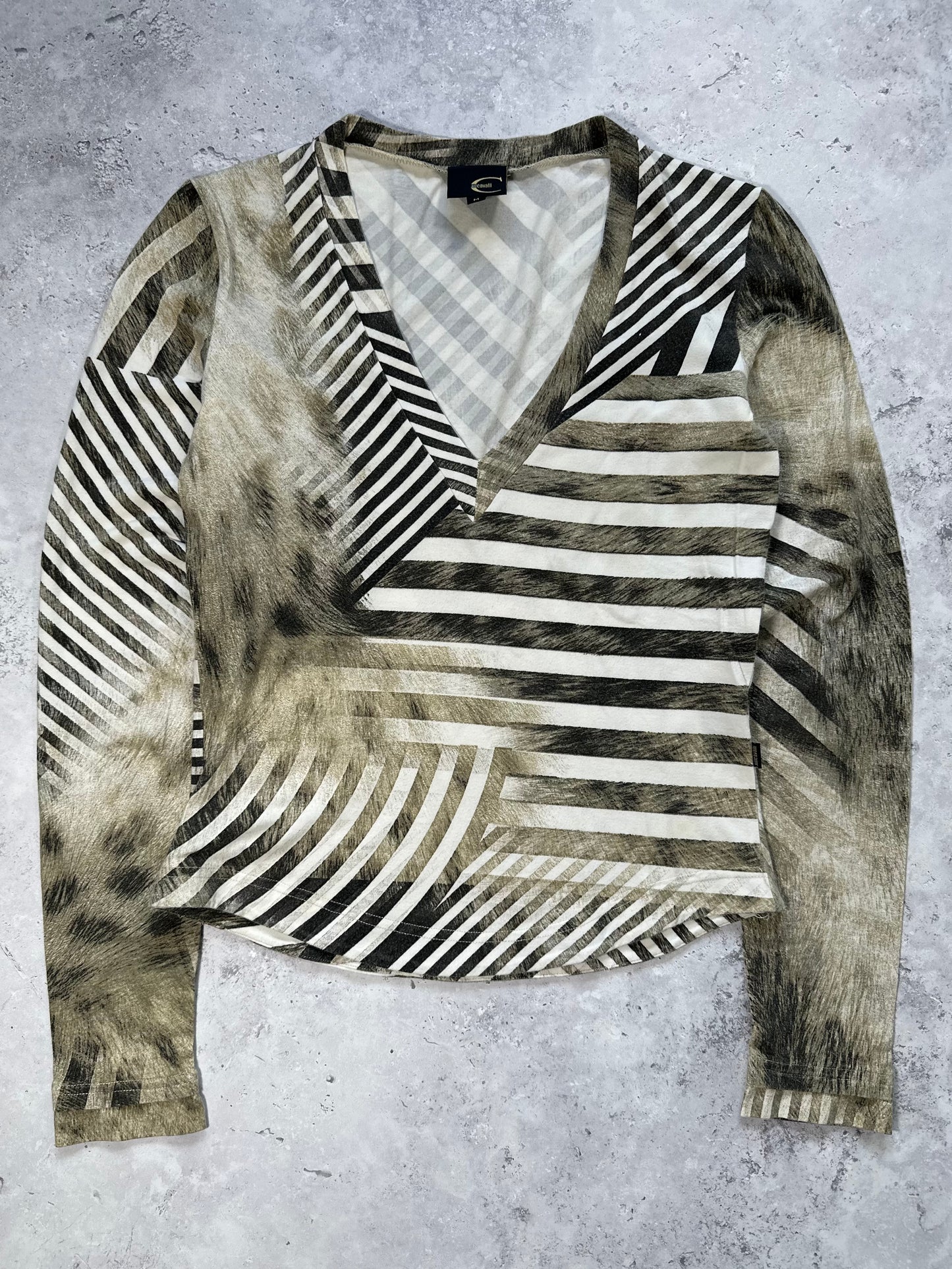 Roberto Cavalli 2000s Optical Stripe Animal Print Longsleeve Tshirt (S)